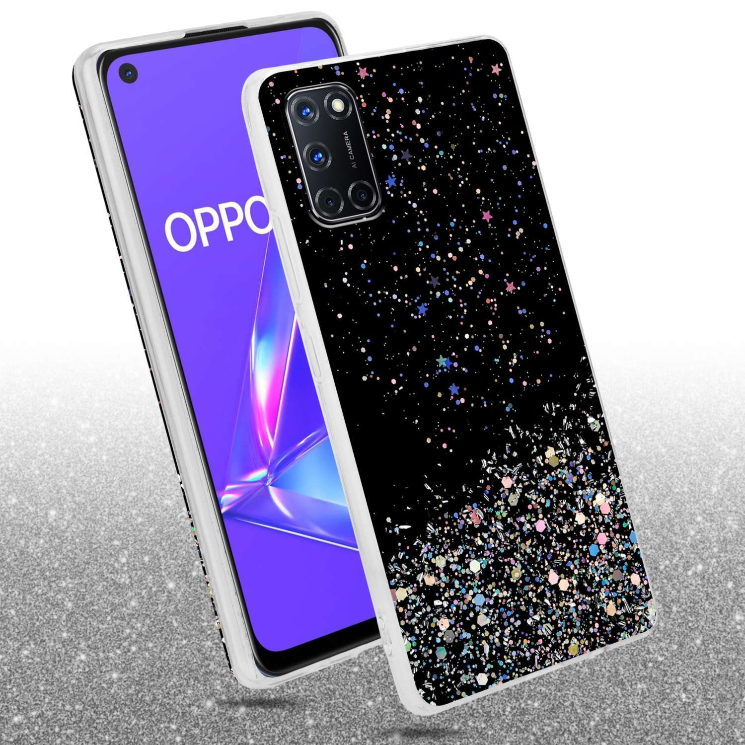 Un telefono con una cover nera scintillante. La cover ha un design glitterato e mostra lo schermo.