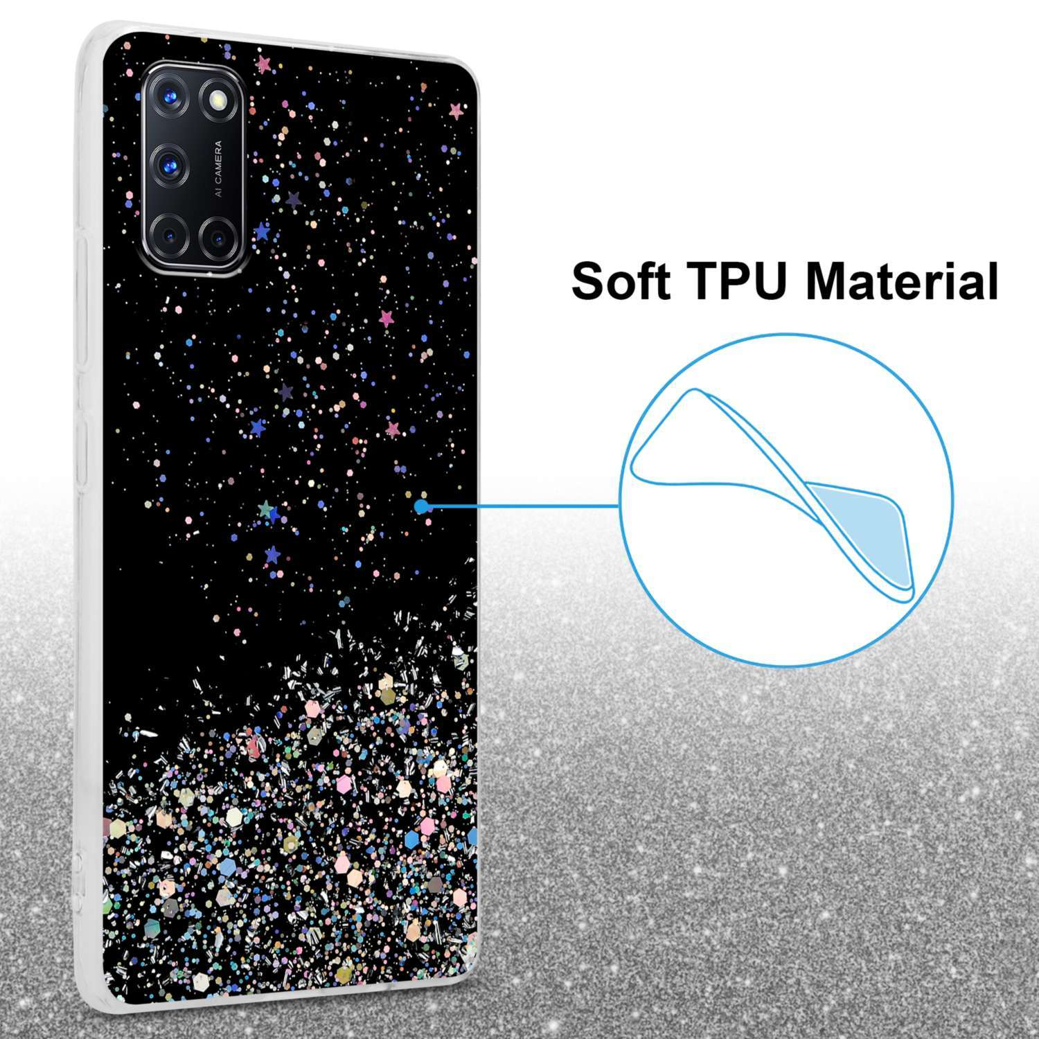 Una custodia per telefono nera con un design a stelle. La custodia ha un ritaglio per la fotocamera e un'etichetta: Materiale TPU morbido.