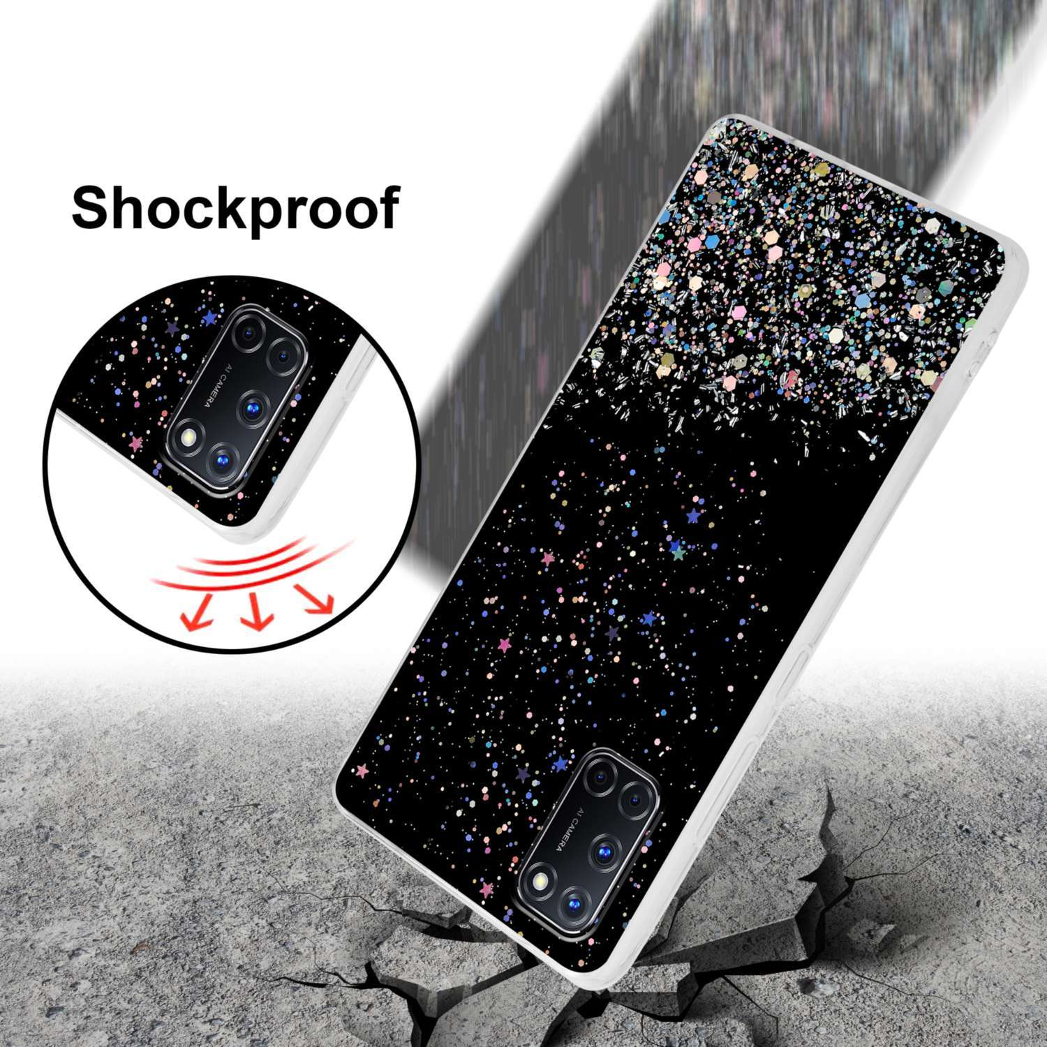Una custodia per telefono con un design nero glitterato e colorato, con un telefono che mostra, su una superficie di cemento screpolata.