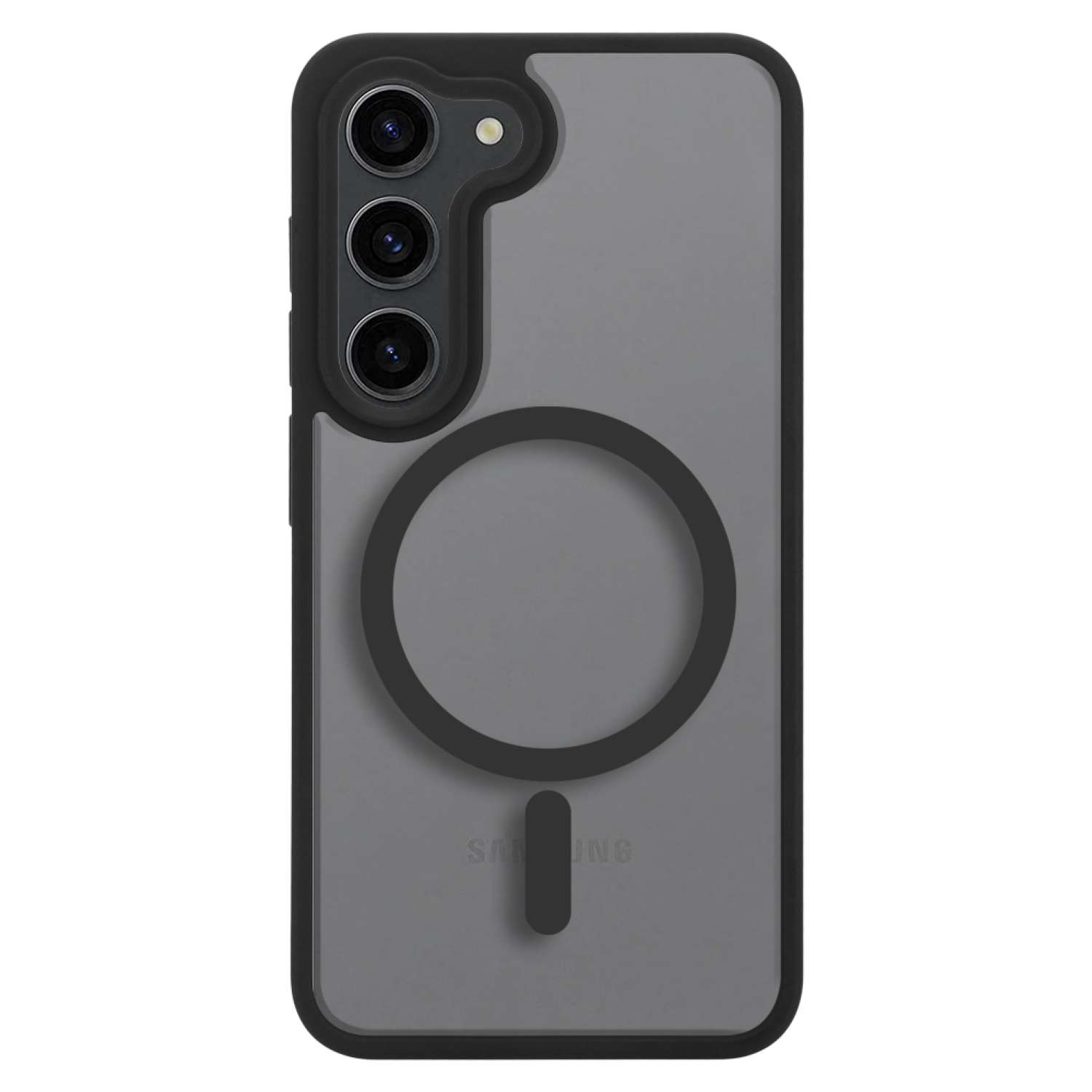 Custodia per telefono nera con tre obiettivi e un anello magnetico circolare. Visibile la parola 'SAMSUNG'.