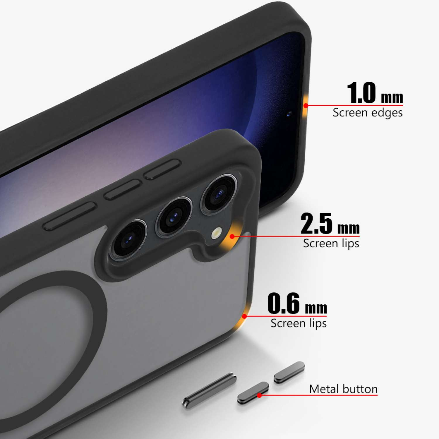 Custodia per telefono con retro grigio e cornice nera. I pulsanti metallici e i bordi dello schermo sono evidenziati, con misure in mm.