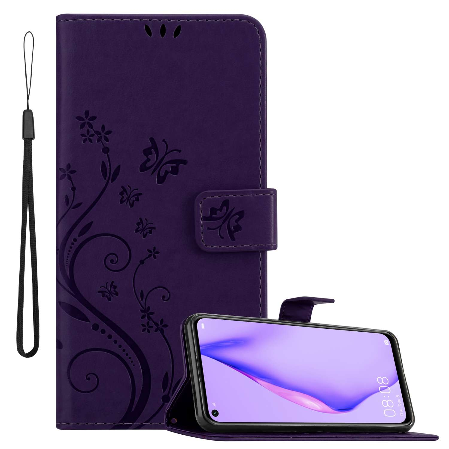 Lila Handyhülle mit floralem Design, die ein Telefon mit Bildschirm hält.
