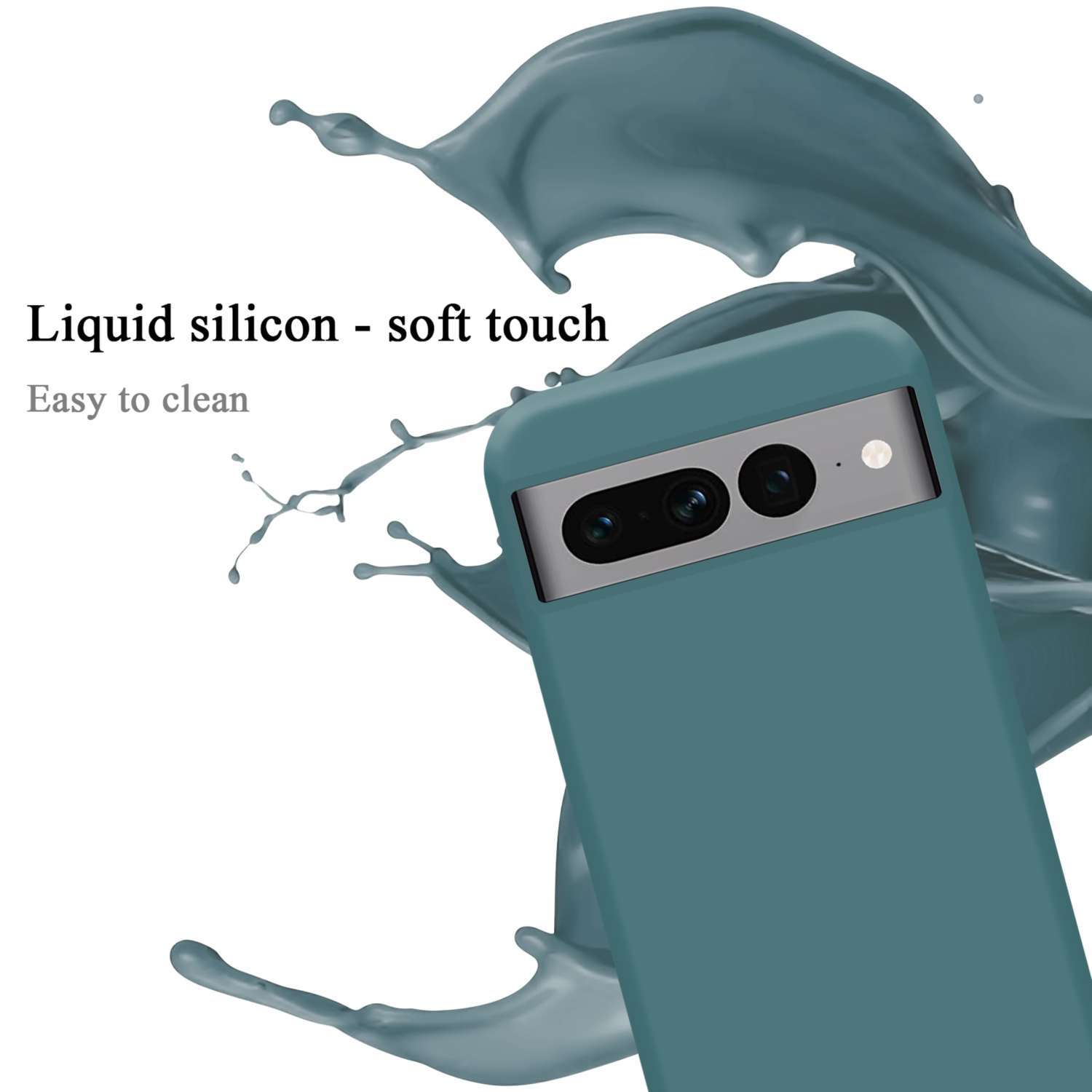 Türkisfarbene Handyhülle, Flüssigkeitsspritzer. Text: Flüssigsilikon-Soft-Touch, leicht zu reinigen.