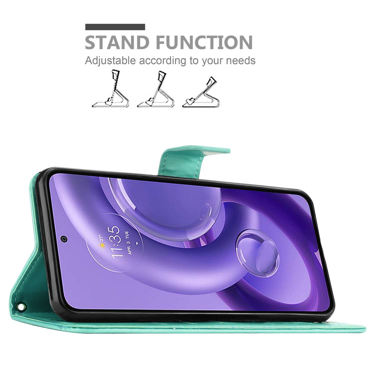 Un telefono in una custodia a portafoglio verde acqua. La custodia è aperta, mostrando il telefono e un supporto.