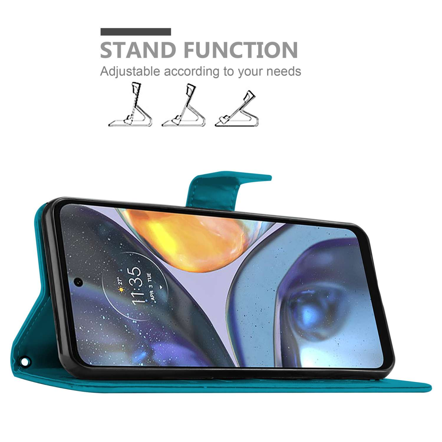 Eine türkis Handyhülle mit Standfunktion. Der Telefonbildschirm wird angezeigt.