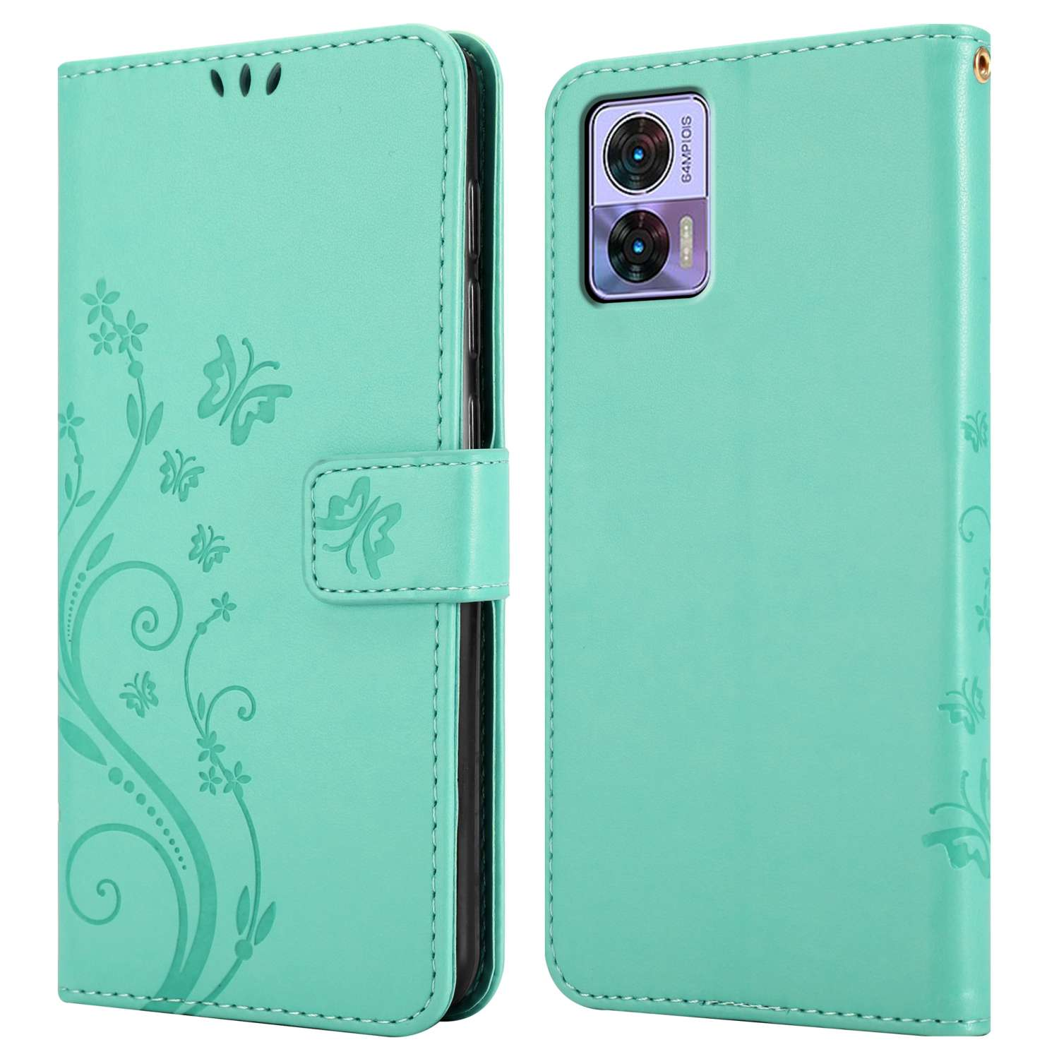 Custodia per telefono in due parti, verde acqua, con design floreale e farfalle. Aperta, che mostra il telefono.