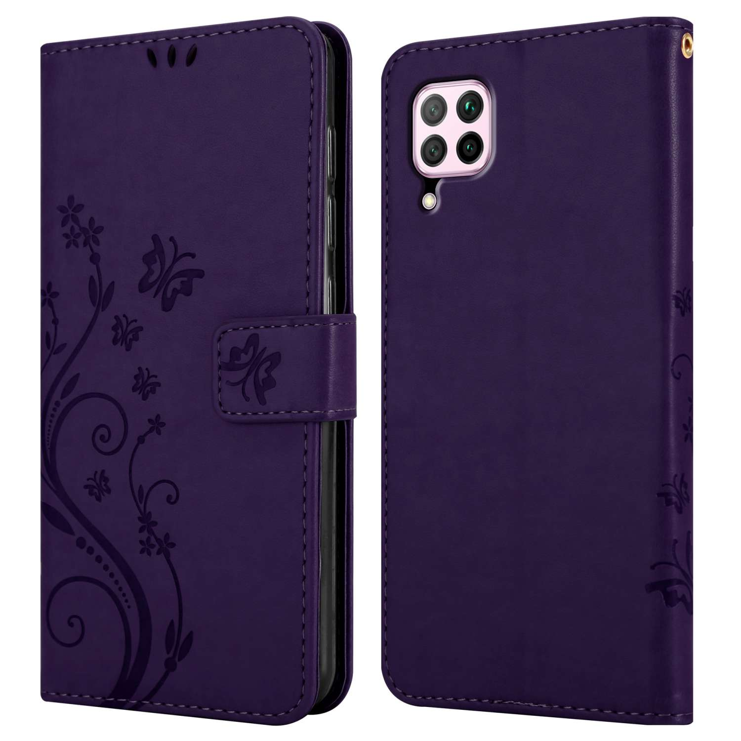 Lila Telefon-Geldbörse geöffnet, zeigt das Telefon. Die Hülle hat ein Blumendesign.