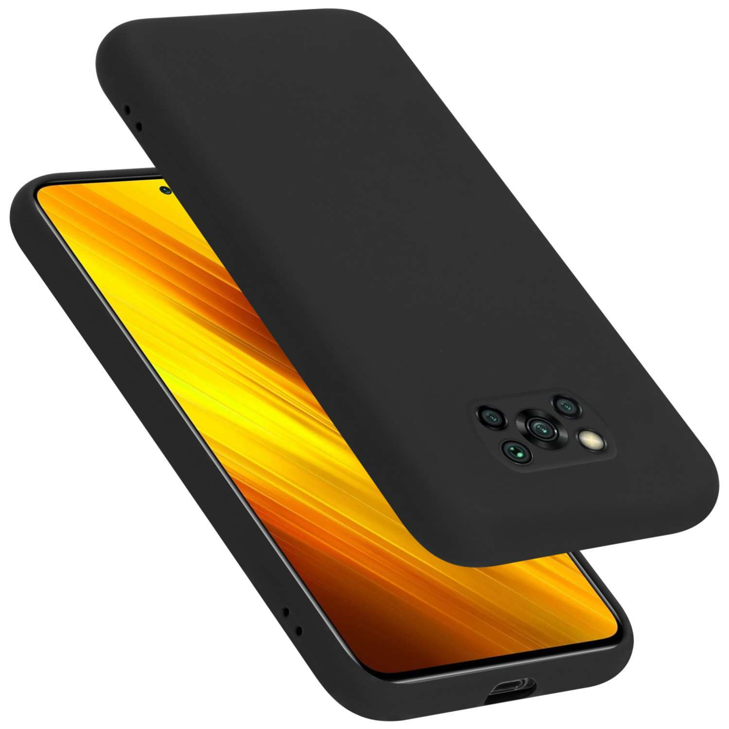 Schwarze Handyhülle mit einem Telefon darin, abgewinkelt. Die Hülle liegt auf dem Telefon.