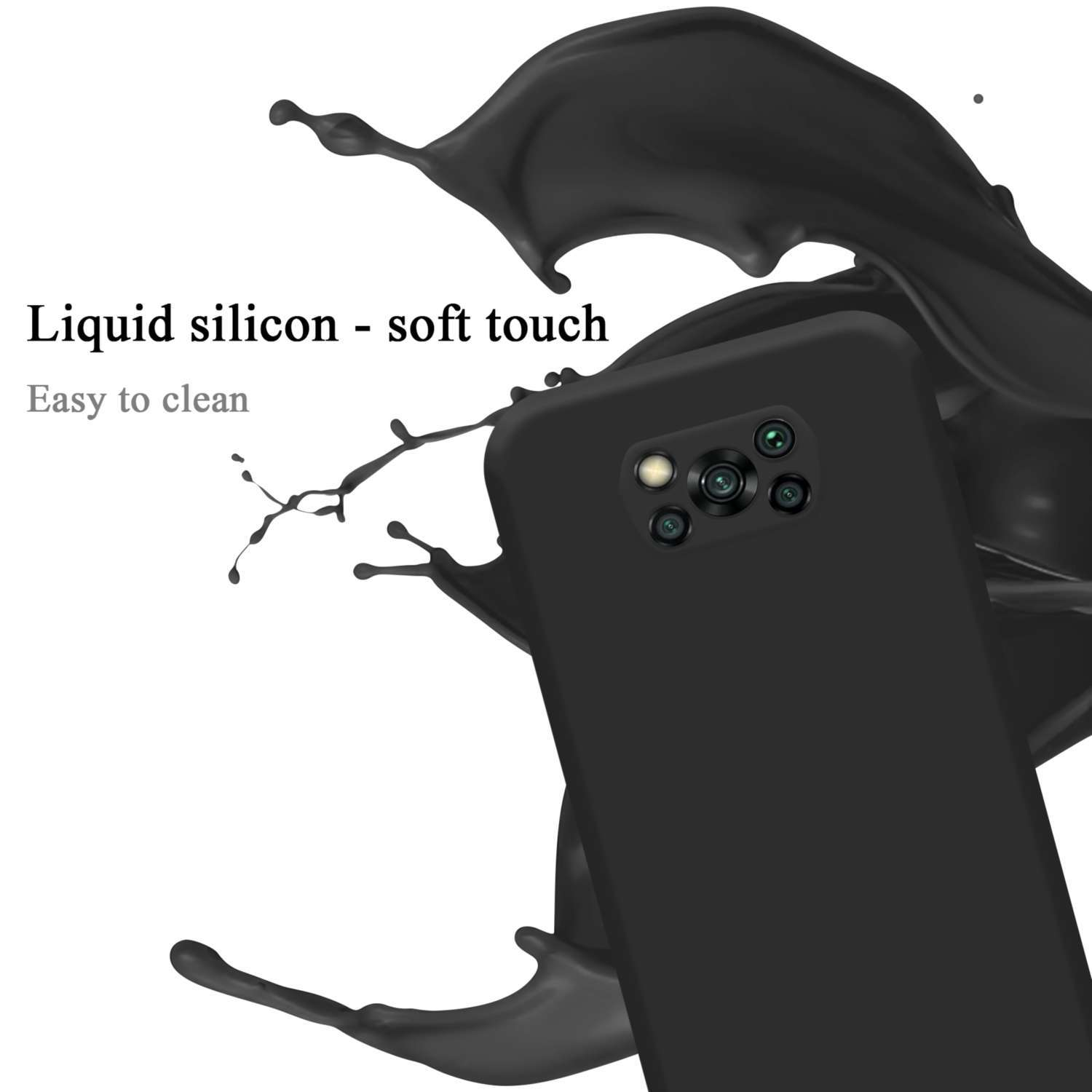 Schwarze Handyhülle mit schwarzem Flüssigkeitsspritzer. Schwarzer Hintergrund. Leicht zu reinigen.