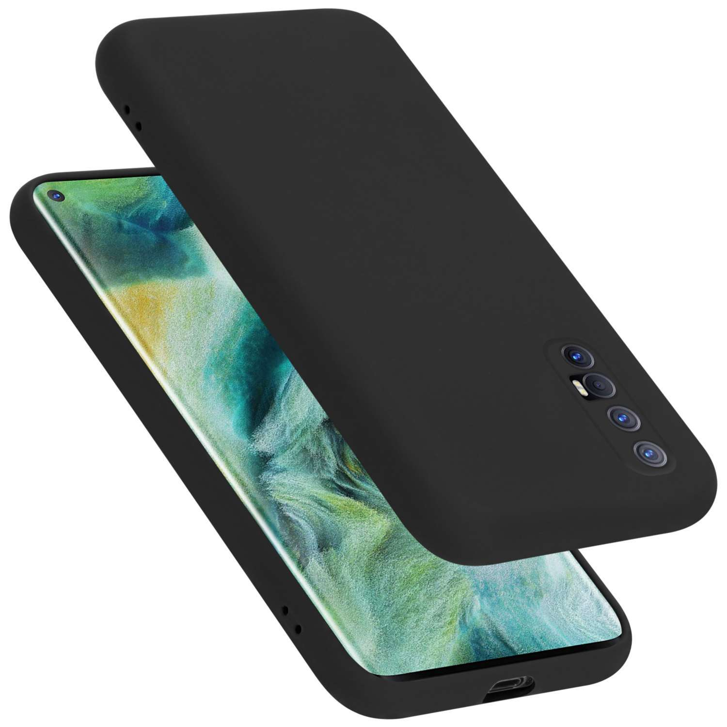 Eine schwarze Handyhülle, die teilweise ein Telefon bedeckt. Der Hintergrund ist weiß.