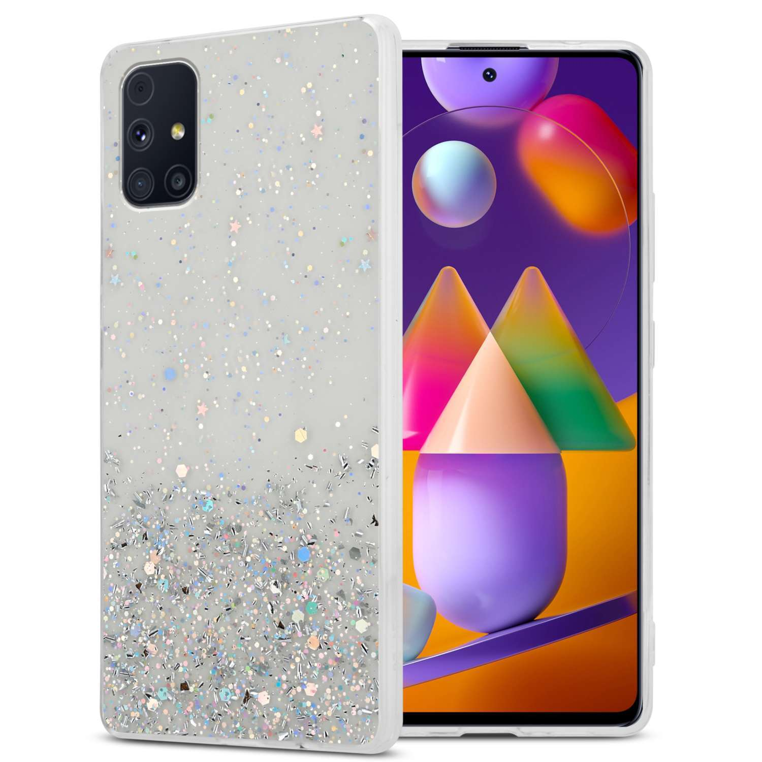 Un telefono con custodia glitterata con glitter argentati a sinistra e schermo luminoso a destra.