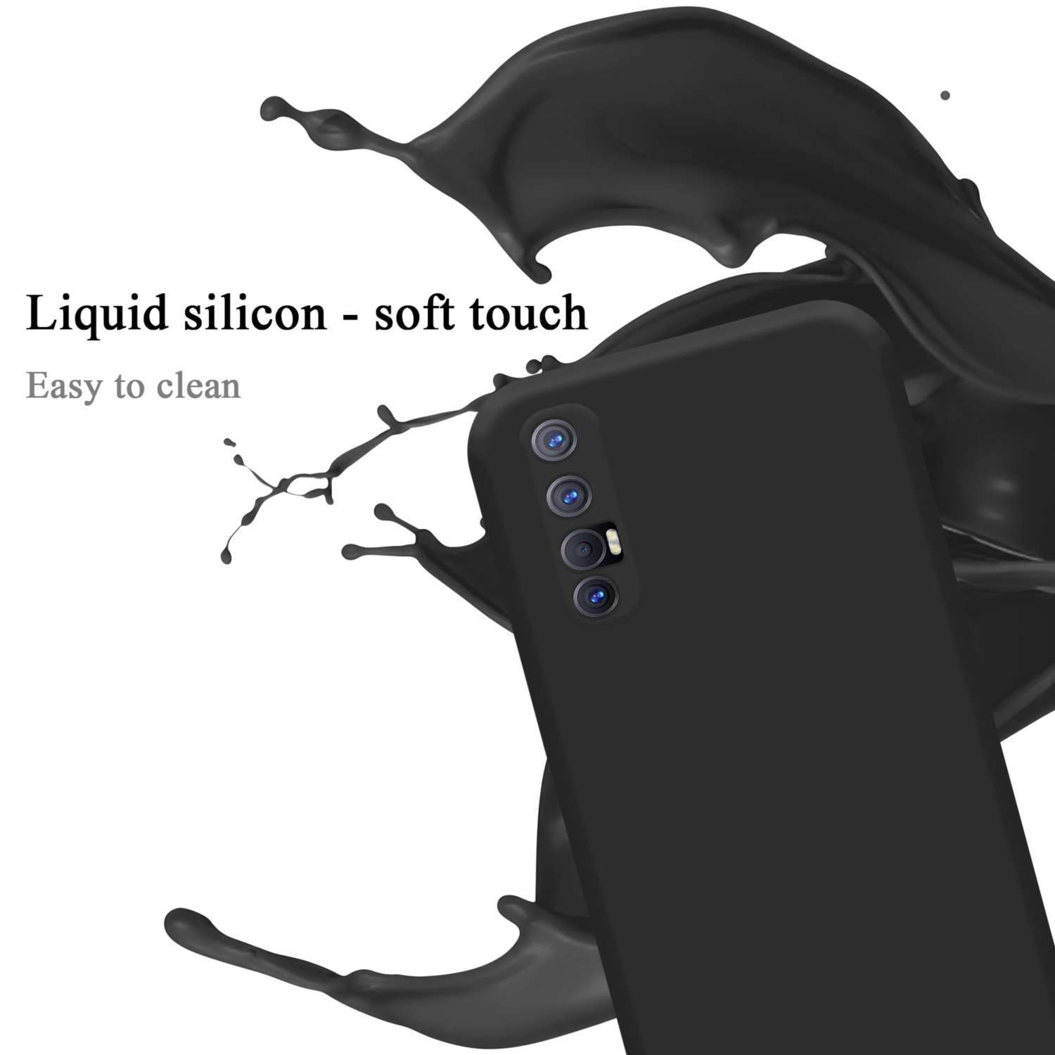 Schwarze Handyhülle mit Liquid-Silikon-Soft-Touch-Design. Schwarzer Flüssigkeitsspritzer im Hintergrund.