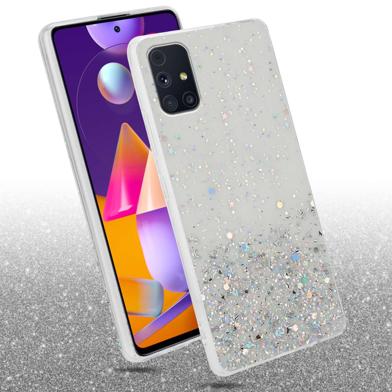 Due custodie per telefoni. Una bianca con glitter, l'altro telefono sullo sfondo. Superficie glitterata.