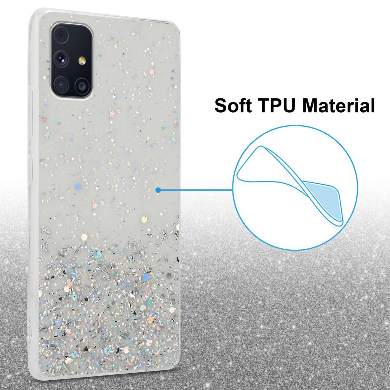 Una custodia per telefono con un design glitterato su uno sfondo glitterato. È realizzata in morbido materiale TPU.