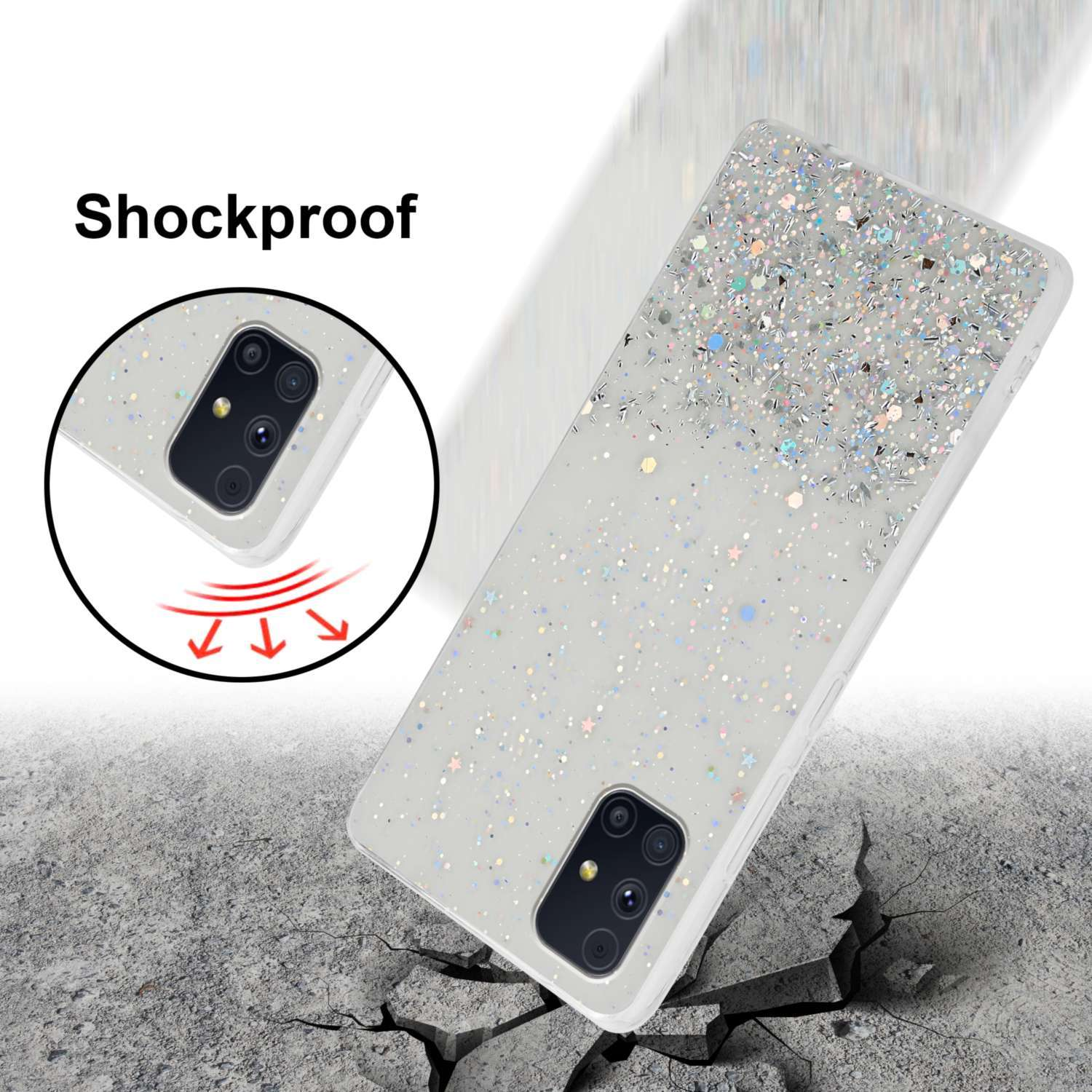 Custodia per telefono con design glitterato su una superficie incrinata. Testo: Antishock. La custodia ha un rilievo.