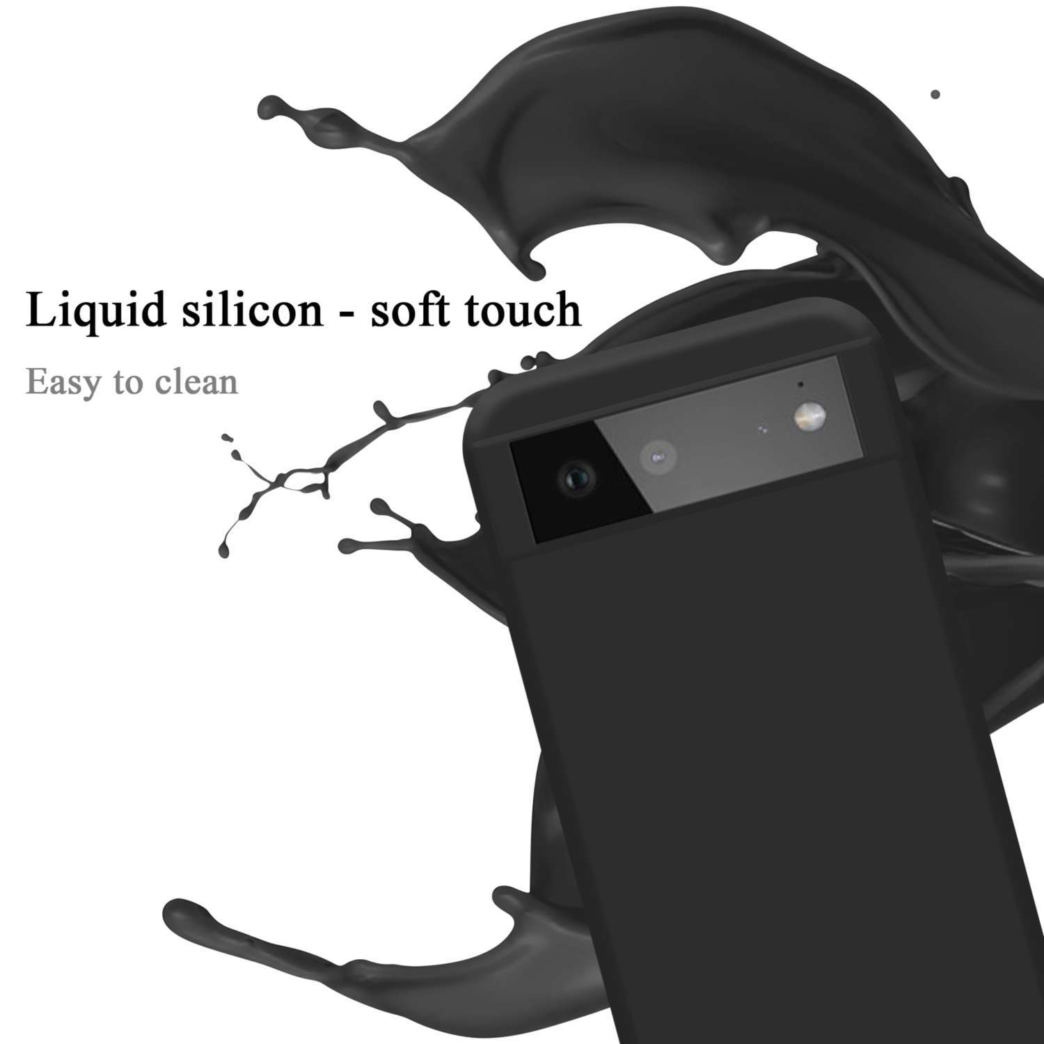 Schwarze Handyhülle mit Flüssigkeitsspritzer-Design und Soft-Touch-Text. Die Kamera des Telefons ist sichtbar. Weißer Hintergrund.