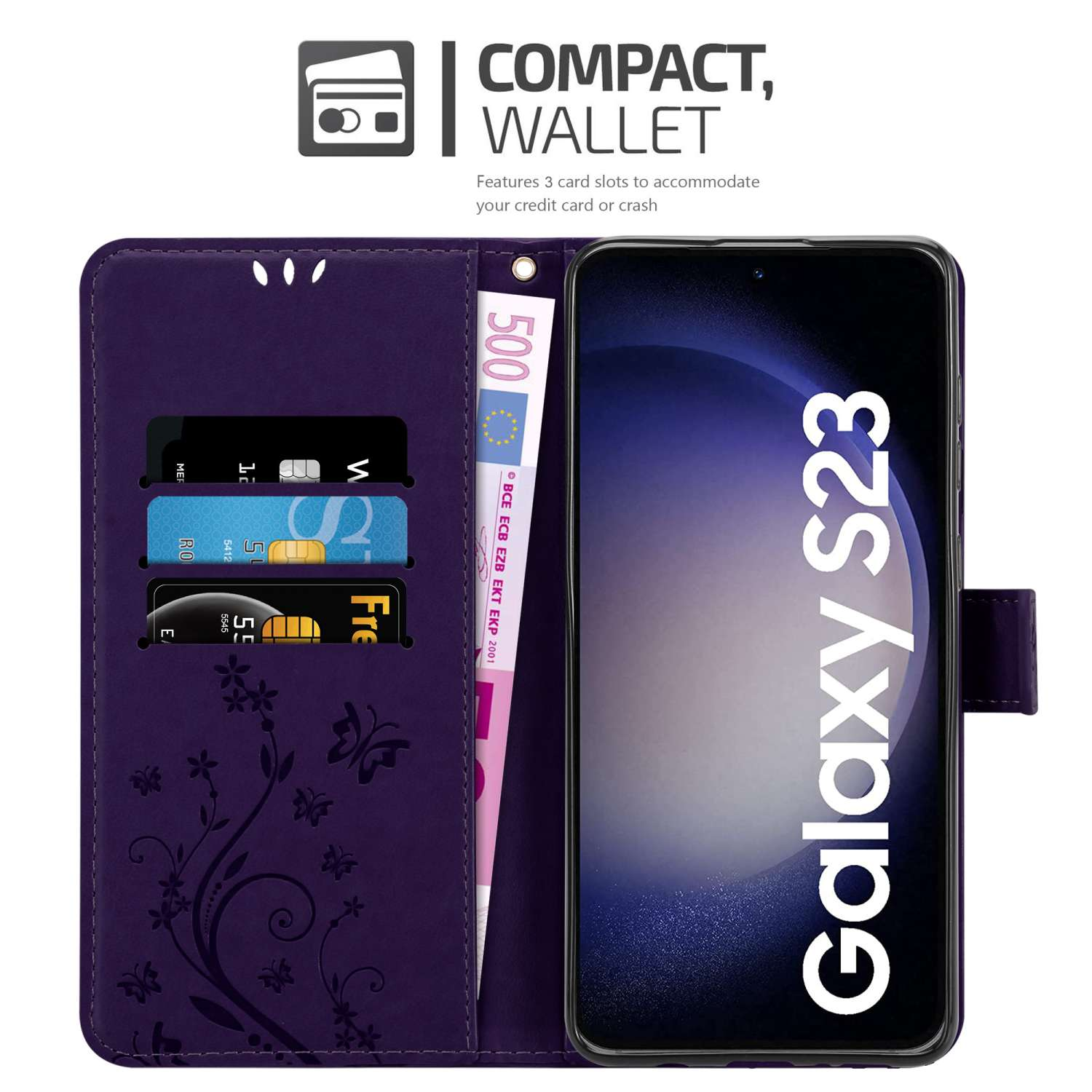 Custodia a portafoglio viola per telefono. Contiene carte, banconota in euro e telefono. Testo: Portafoglio compatto.