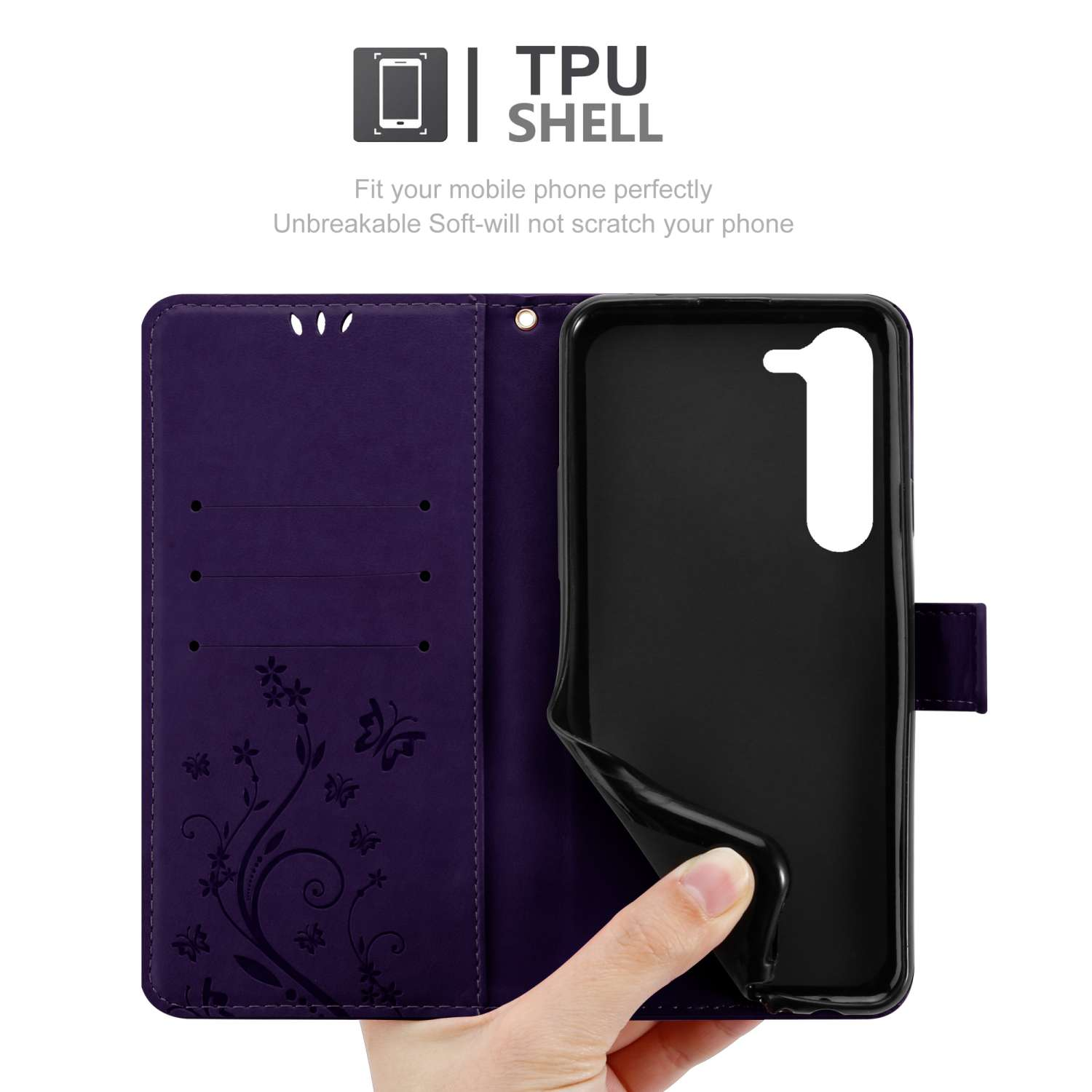 Custodia per telefono viola, aperta per mostrare il telefono. Testo in alto: TPU Shell.