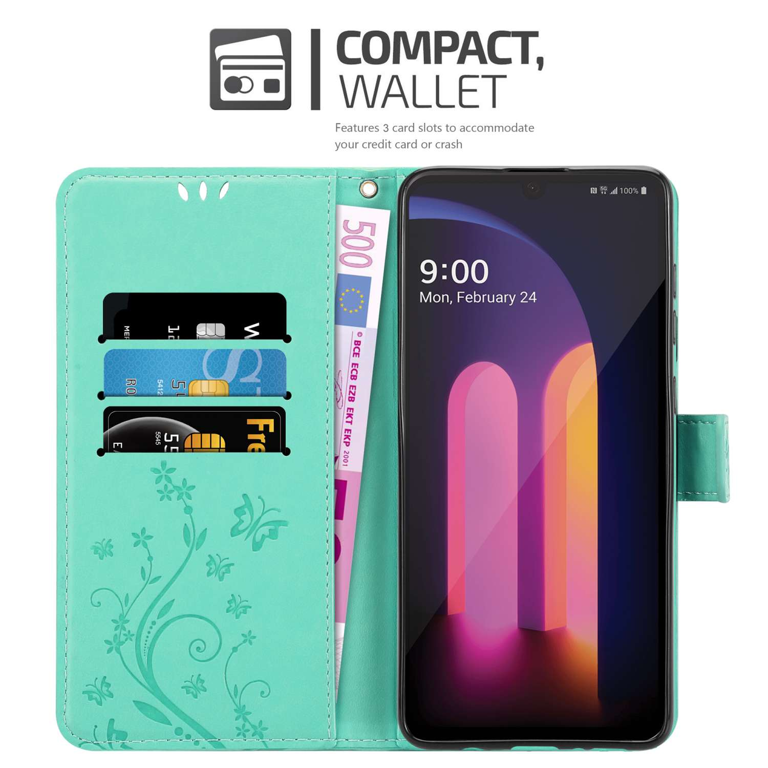 Una custodia a portafoglio per telefono verde acqua con carte e una banconota da 500 euro. Un telefono mostra uno schermo colorato.