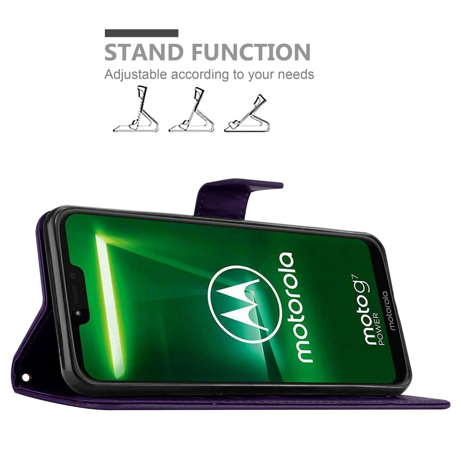 Custodia per telefono viola scuro con funzione stand. Testo: Regolabile in base alle tue esigenze. Vengono mostrate tre opzioni di supporto.