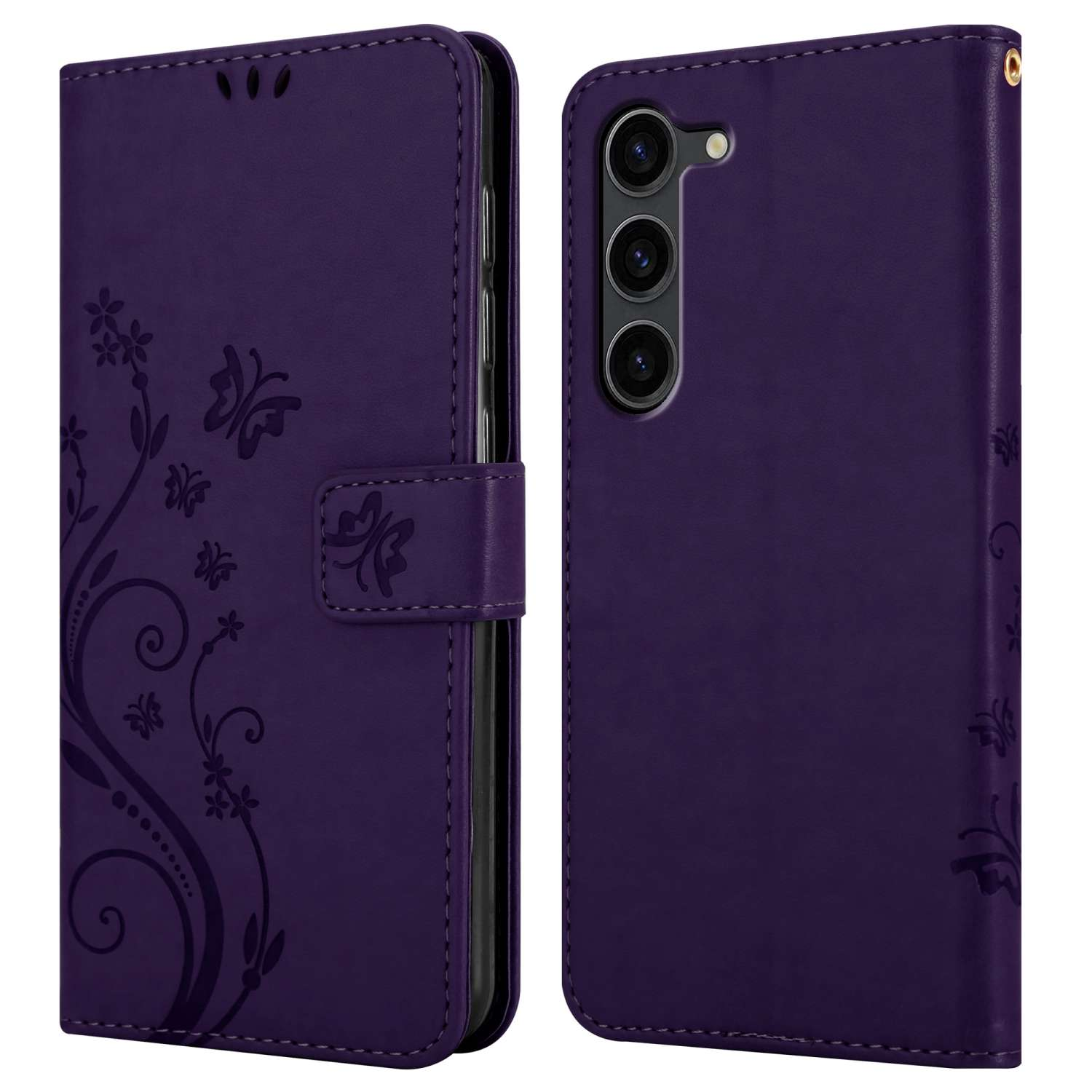 Custodia per telefono viola, aperta, con design floreale. Il telefono è visibile. Custodia viola chiusa a destra.