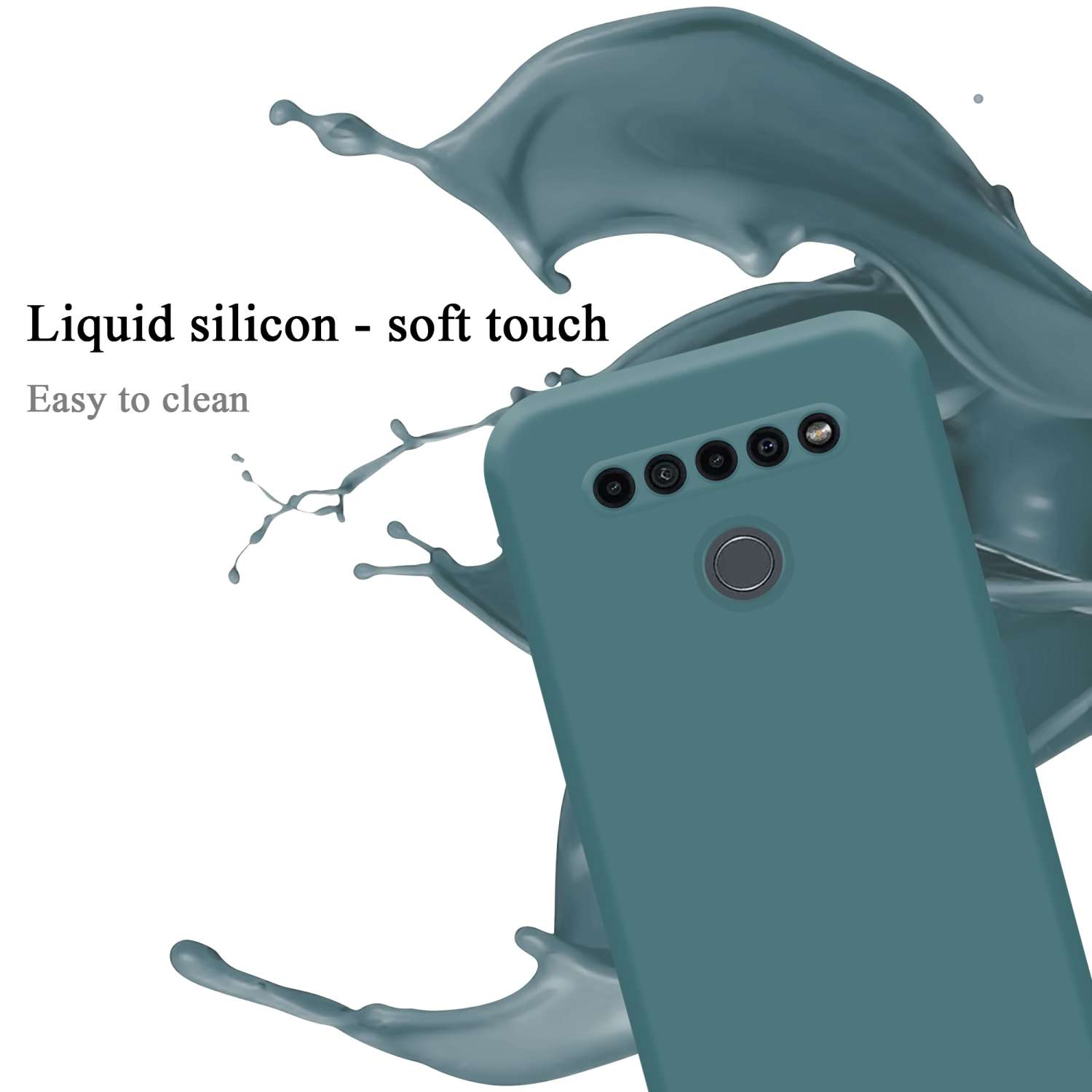 Custodia per telefono turchese con schizzo di liquido turchese. Testo: 'Liquid silicon - soft touch'.