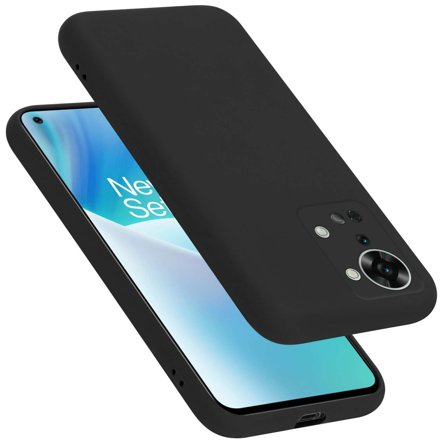 Schwarze Handyhülle, Telefon darin. Das Telefon hat eine Kamera.