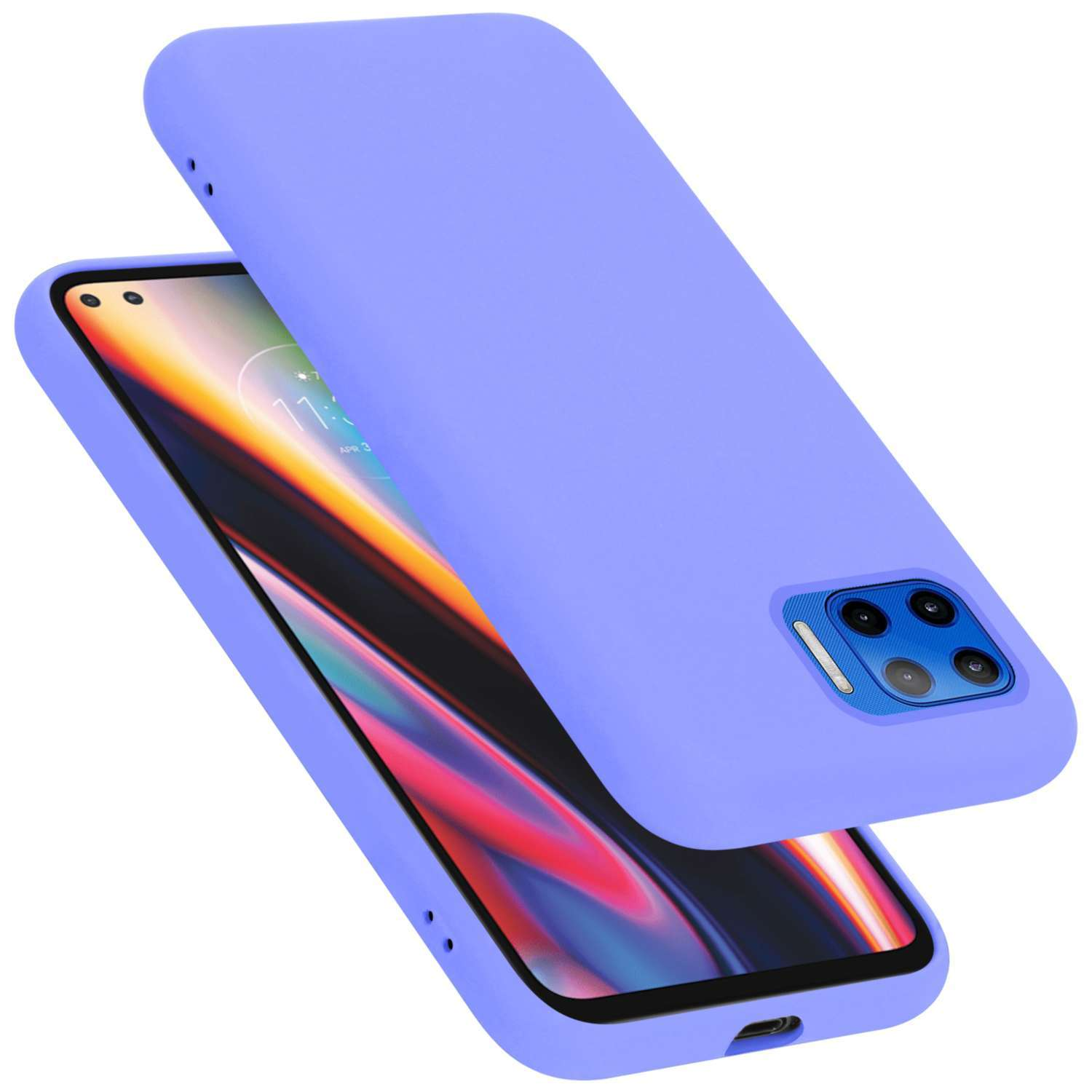 Una custodia per telefono lavanda con un telefono all'interno. La custodia è leggermente inclinata.