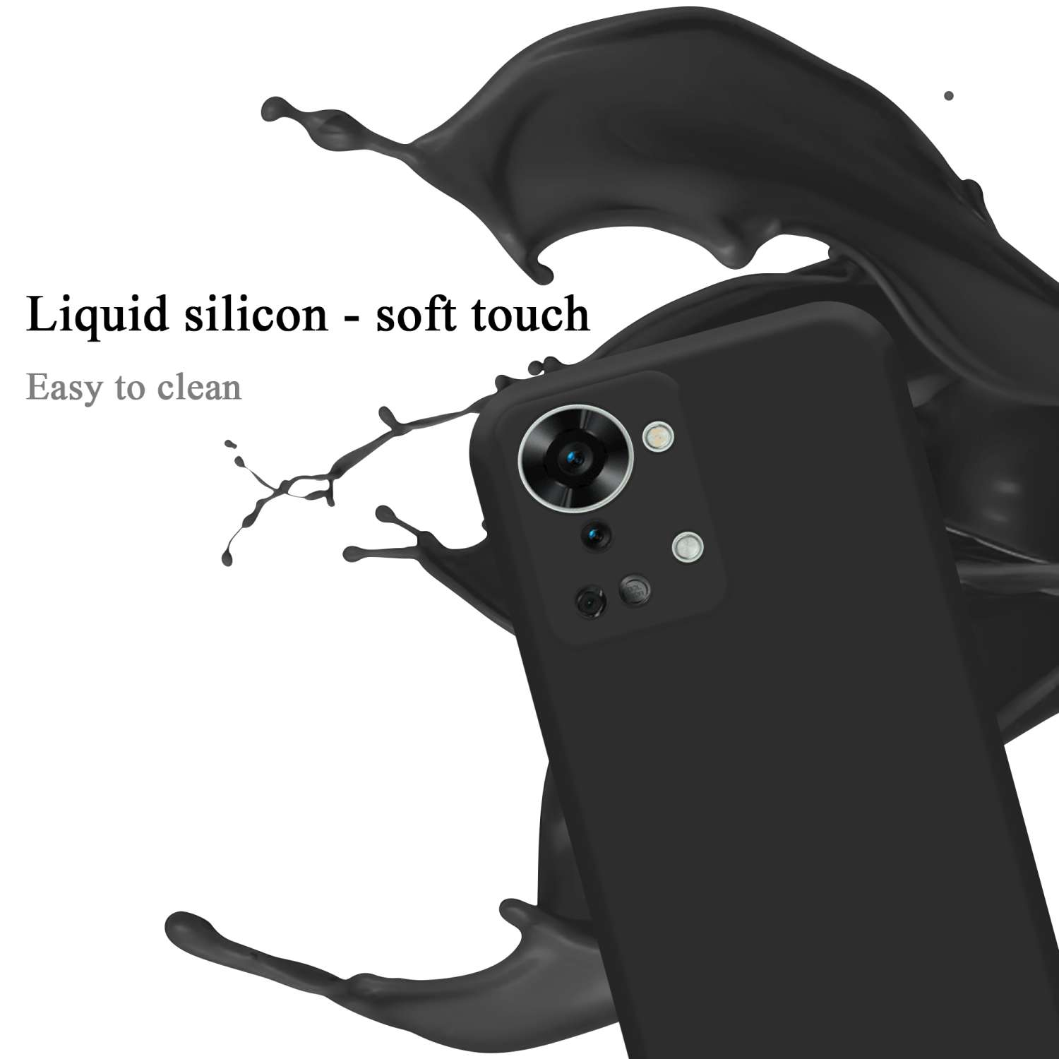 Eine schwarze Handyhülle mit einem schwarzen Flüssigkeitsspritzer. Text 'Flüssigsilikon - Soft Touch' ist sichtbar.