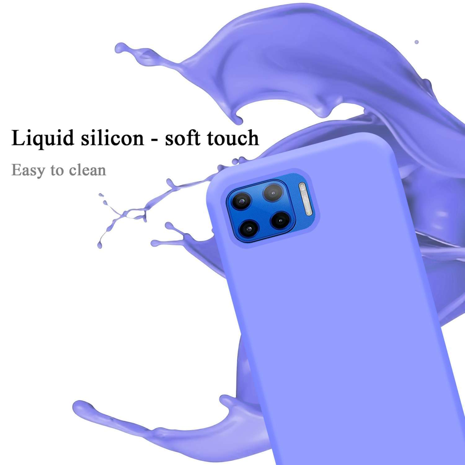 Custodia per telefono viola con telefono, sfondo con schizzi di liquido blu.