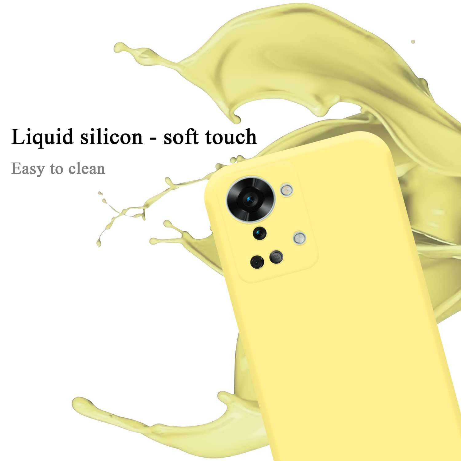 Gelbe Handyhülle mit gelbem Spritzer. Text: flüssiges Silikon - Soft Touch, leicht zu reinigen.