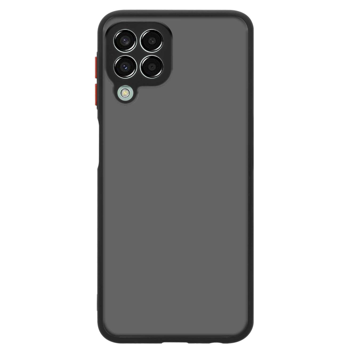 Una funda de teléfono gris con recortes para la cámara y botones rojos. Tiene las palabras 'Separate Button'.