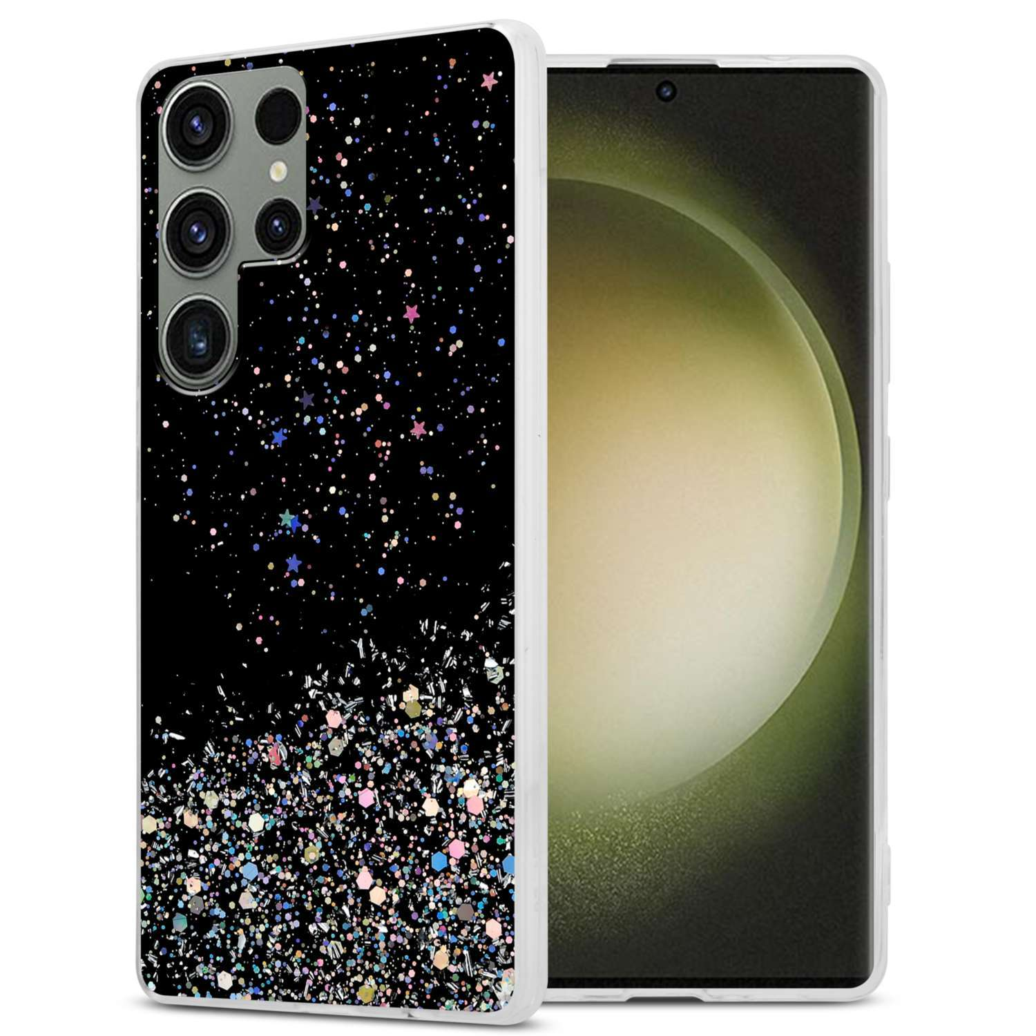 Schwarze Handyhülle mit Glitzer. Die Hülle hält das Telefon. Telefonrückseite hat Kameras.