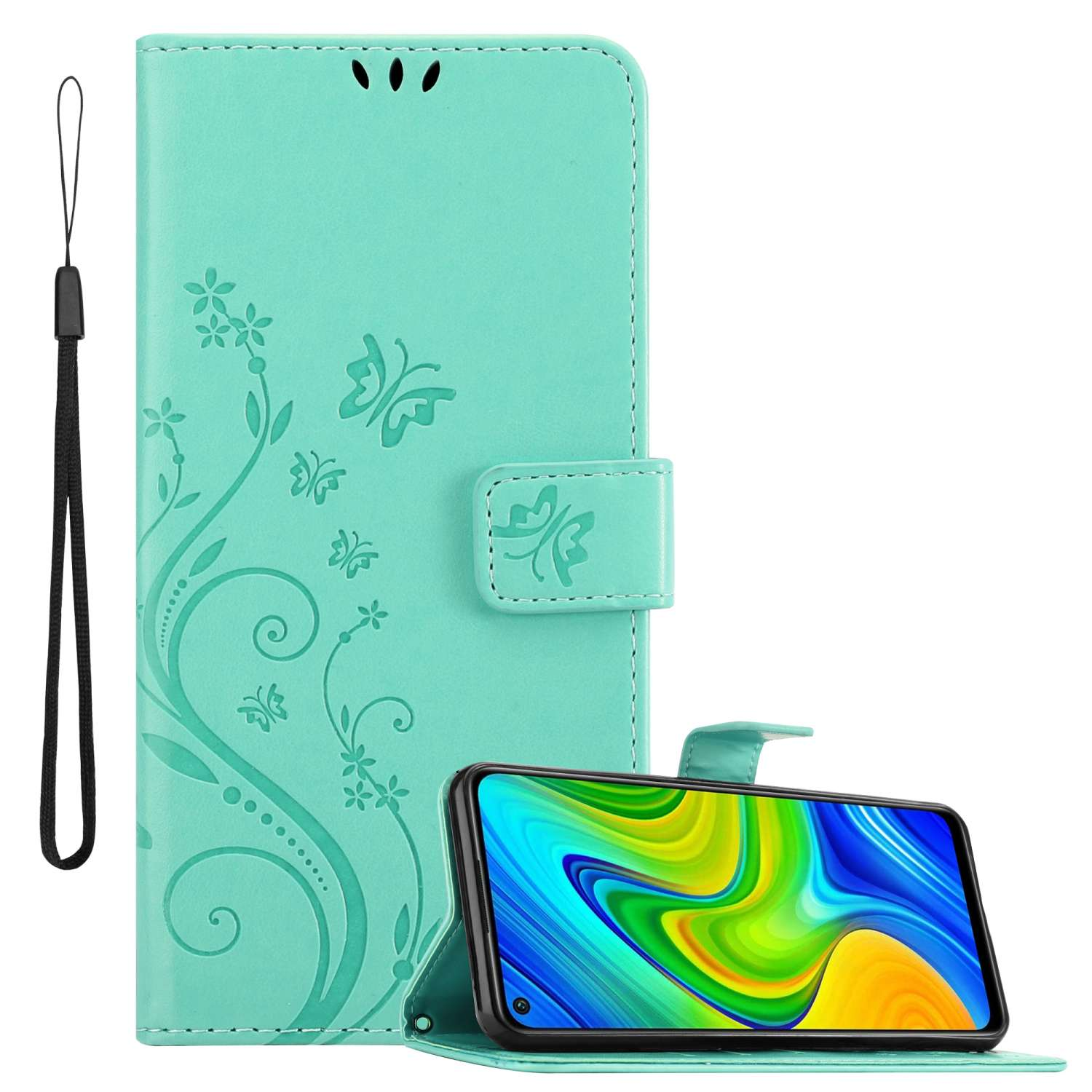 FLORAL Bookcover, CADORABO RedMi Case, Xiaomi, Hülle NOTE Blumen TÜRKIS 9, Flower Muster