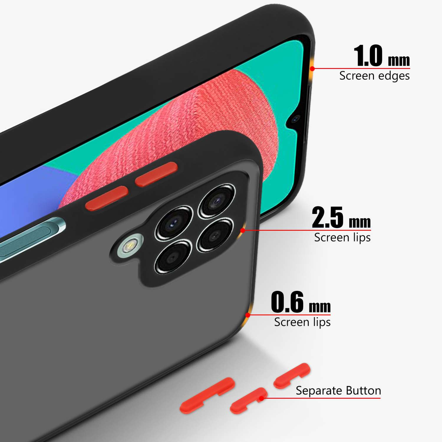 Se muestran dos fundas de teléfono con bordes de pantalla, labios y detalles de botones separados, que ilustran las características de diseño.