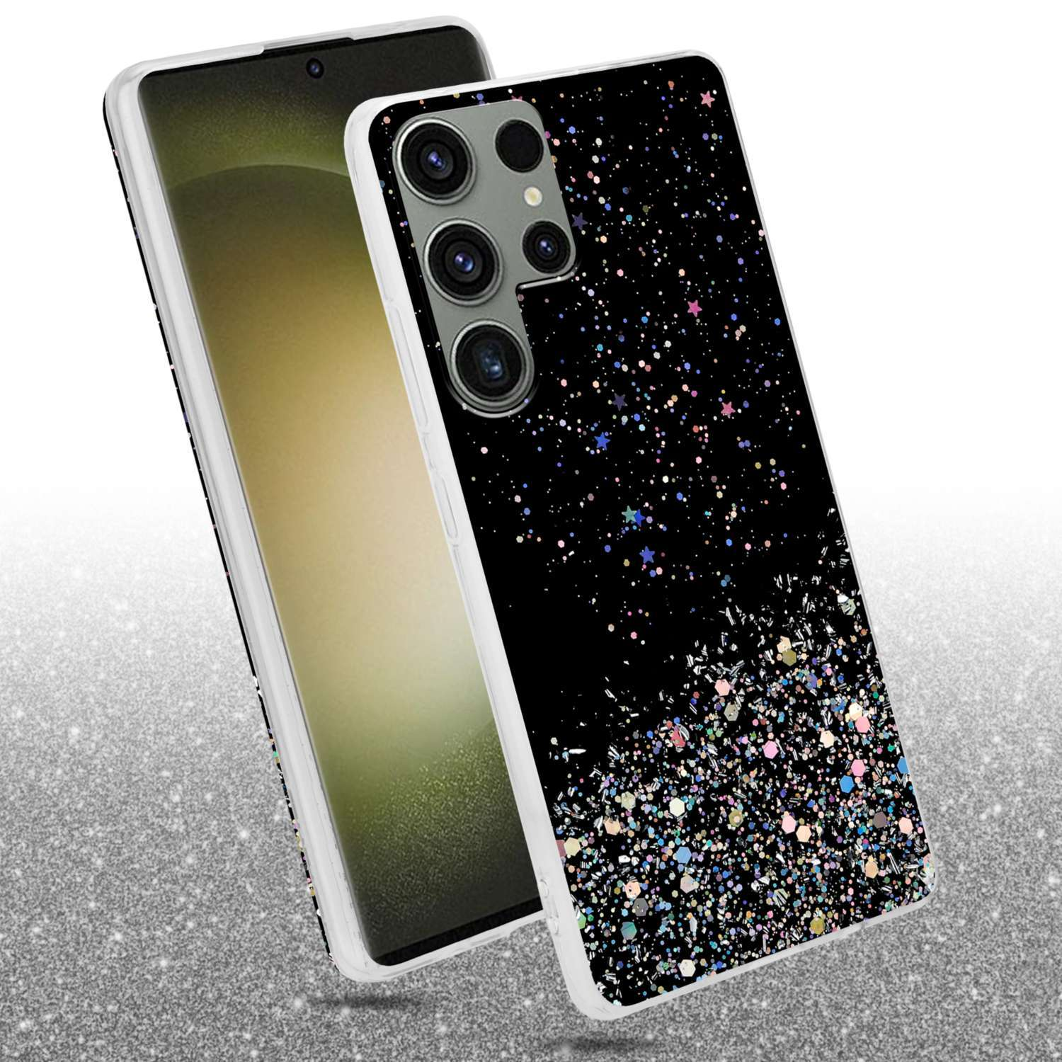 Handyhülle mit schwarzem Glitzerdesign auf schwarzem Hintergrund und weißen Rändern.