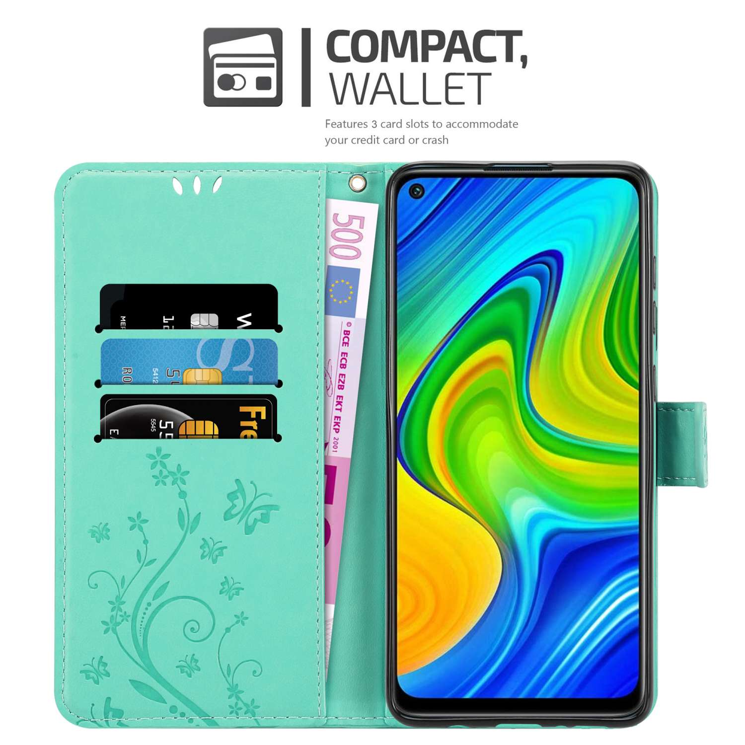 Custodia teal aperta con carte, denaro e telefono.