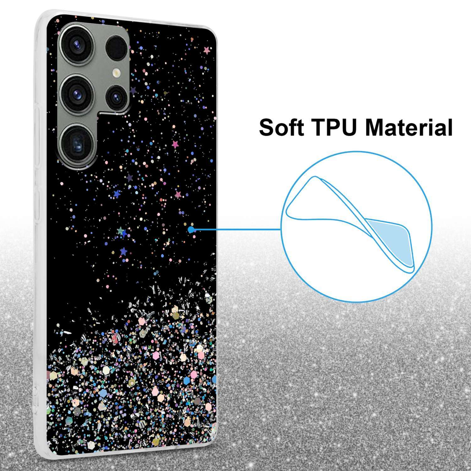 Eine Handyhülle mit schwarzem Cover, Glitzerdesign und glänzendem Hintergrund.