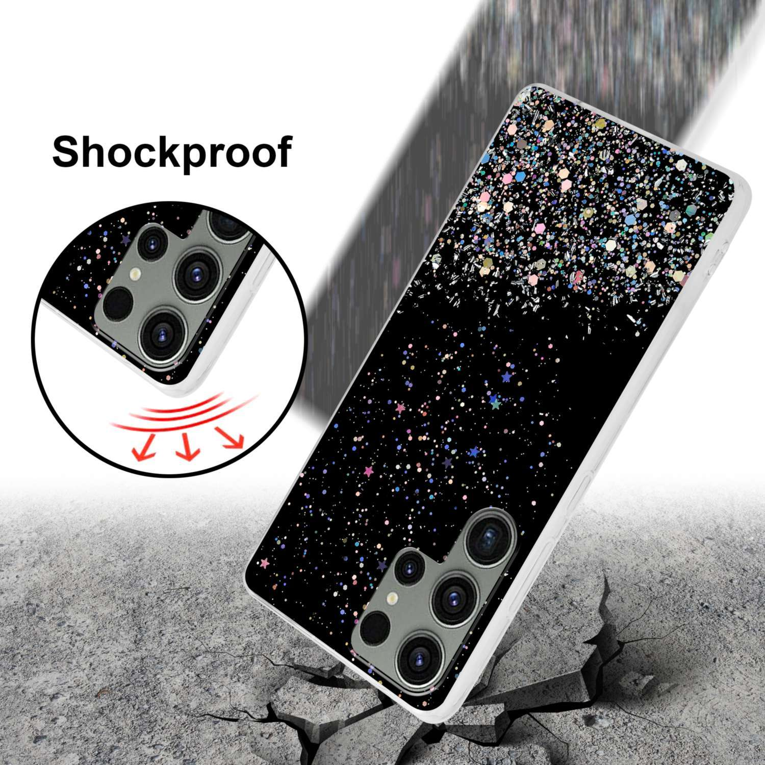 Schwarze Handyhülle mit Glitzerdesign. Die Hülle ist angewinkelt und zeigt die Rückseite.