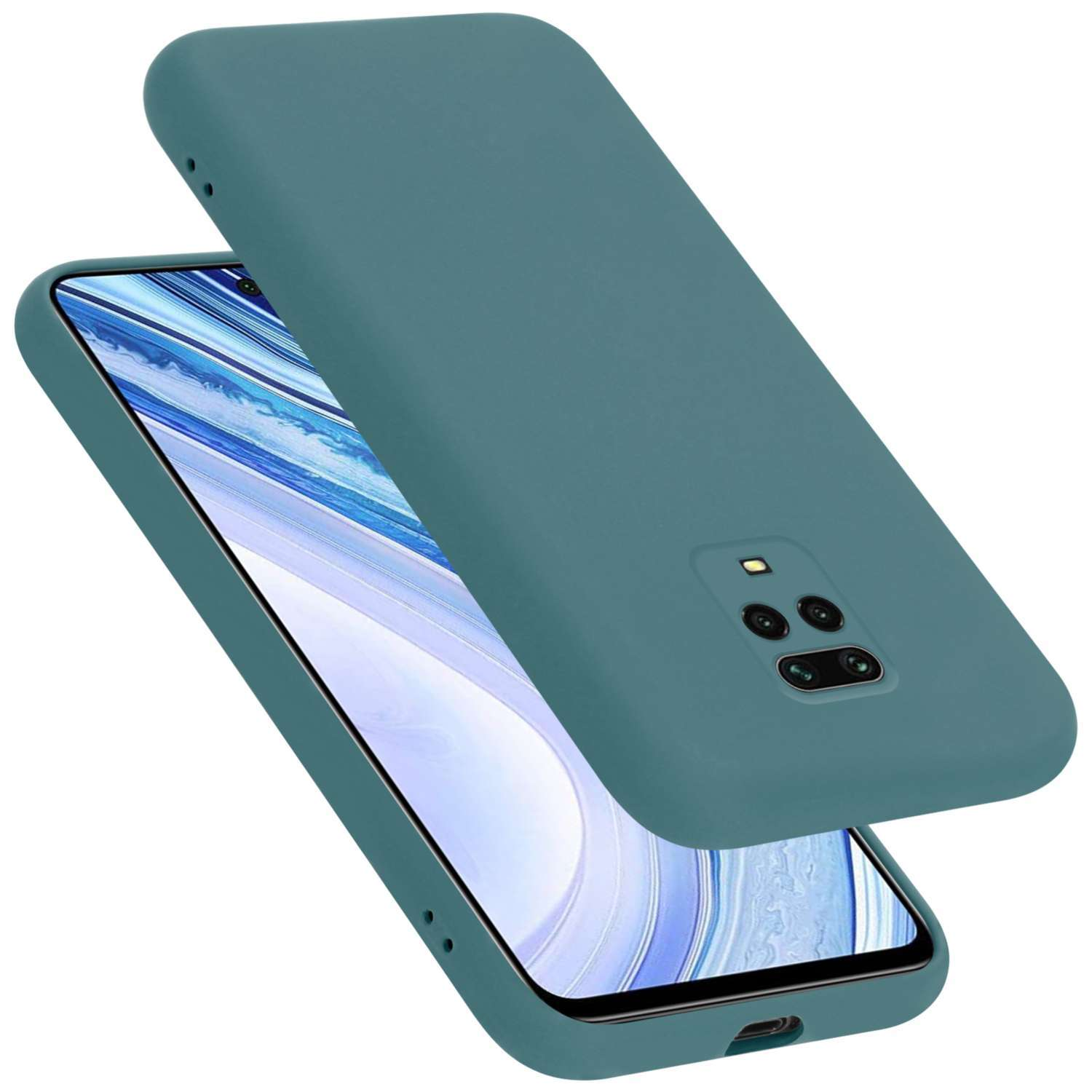 Custodia per telefono verde acqua con telefono dentro. La custodia è leggermente aperta. Sfondo bianco.