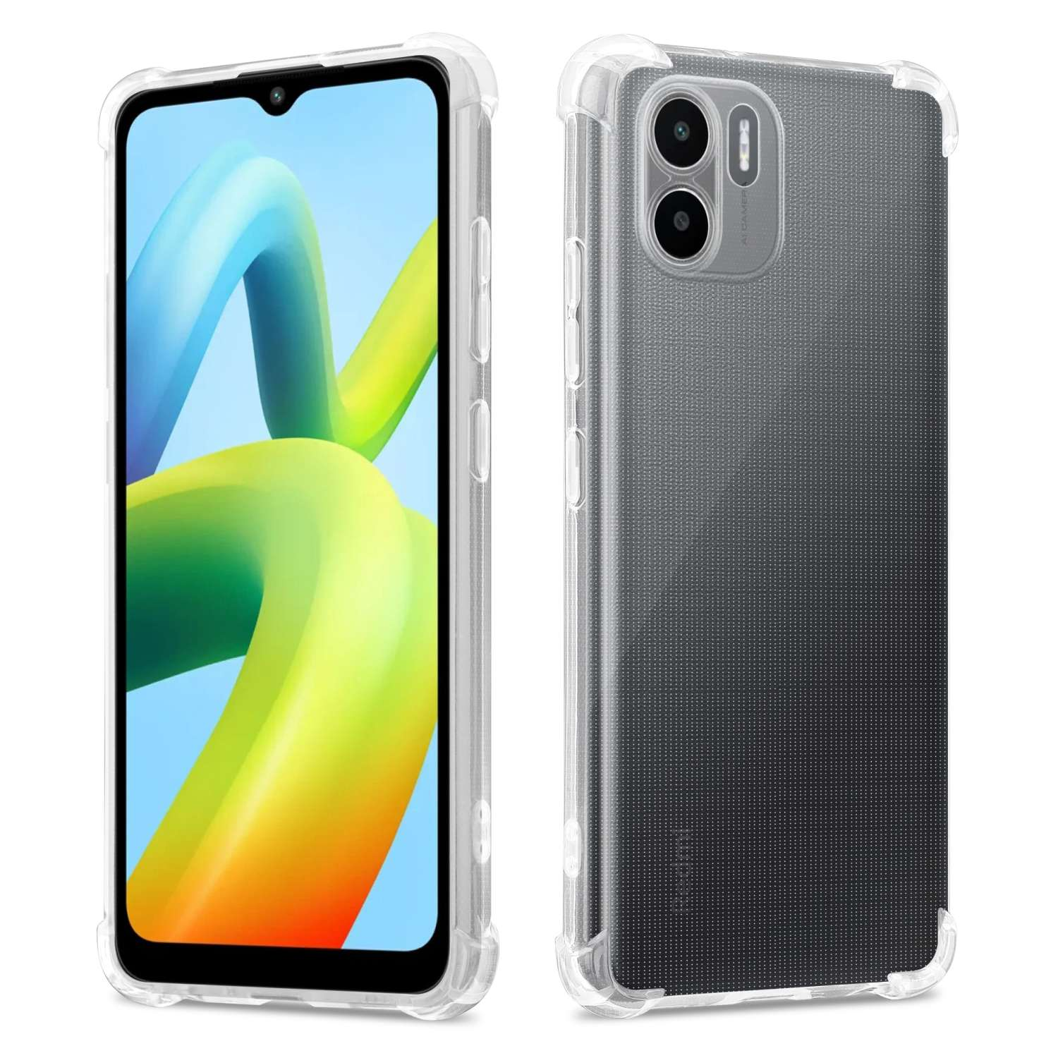 Funda transparente en el teléfono, mostrando la pantalla y la parte trasera. La parte trasera tiene cámara y textura.