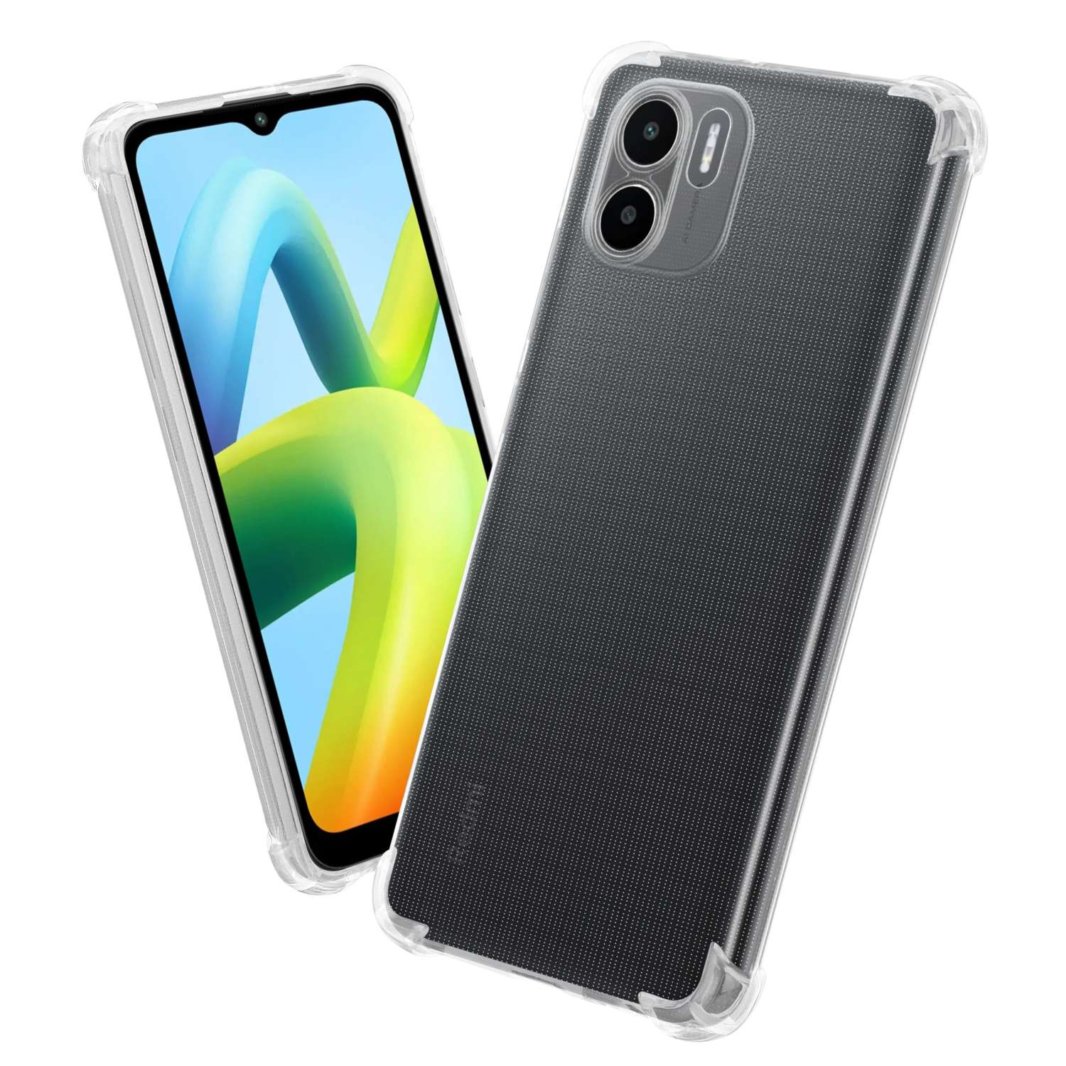 Funda transparente para teléfono con patrón de cuadrícula negra. Teléfono con pantalla azul dentro de la funda. Fondo blanco.
