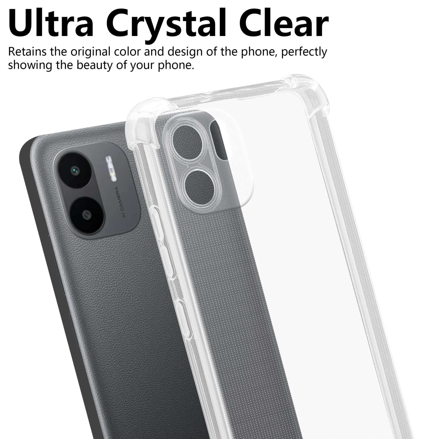 Una funda transparente protege el teléfono. El teléfono es gris.