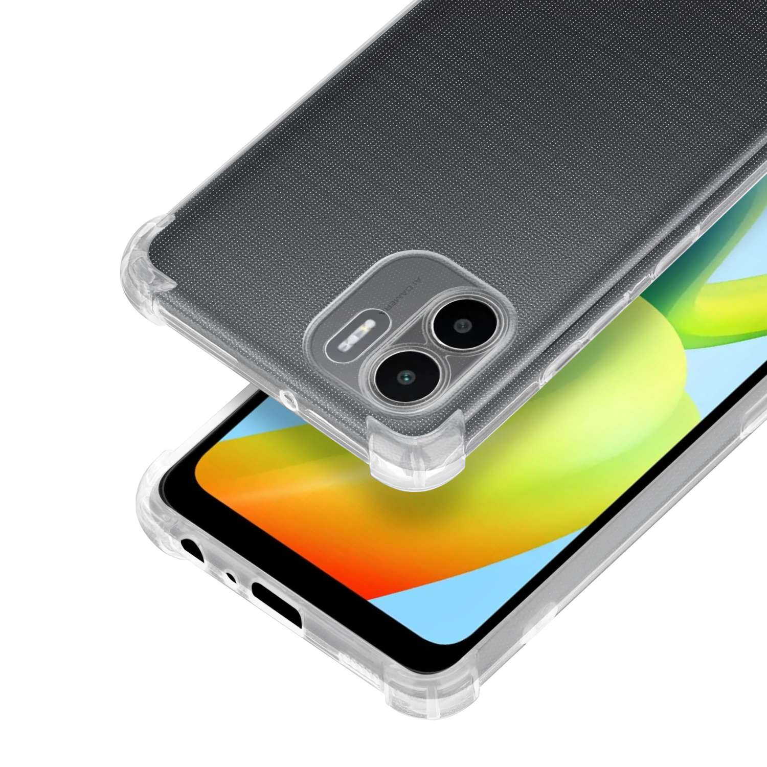 Teléfono en una funda transparente con esquinas reforzadas, mostrando la parte trasera.