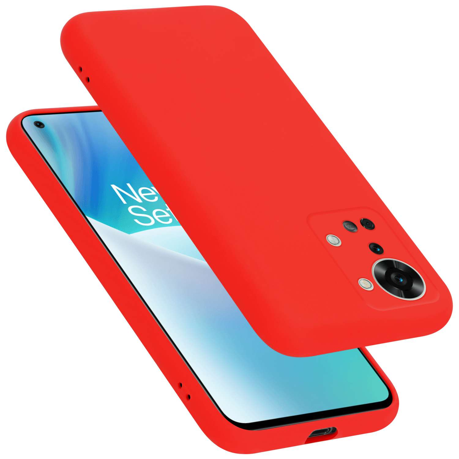 Rote Handyhülle, Telefon darin. Das Telefon hat eine Kamera.