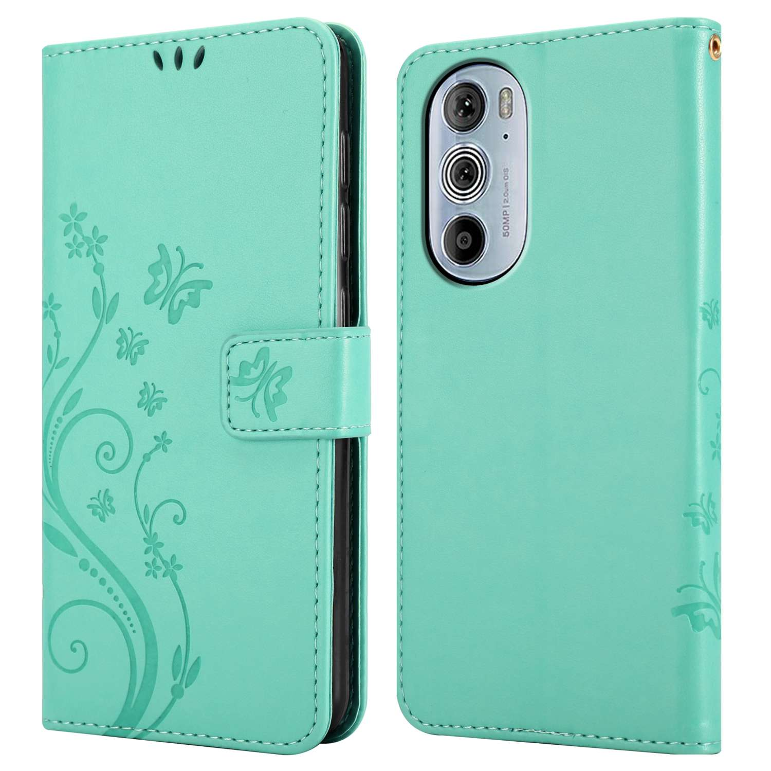 Custodia per telefono verde acqua, con design floreale e farfalle. Aperta, che mostra il telefono.