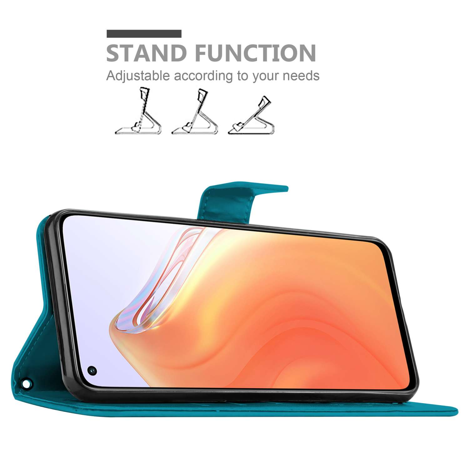 Una custodia per telefono aperta color verde acqua con un telefono che mostra uno schermo. Viene mostrata anche la funzione di supporto.