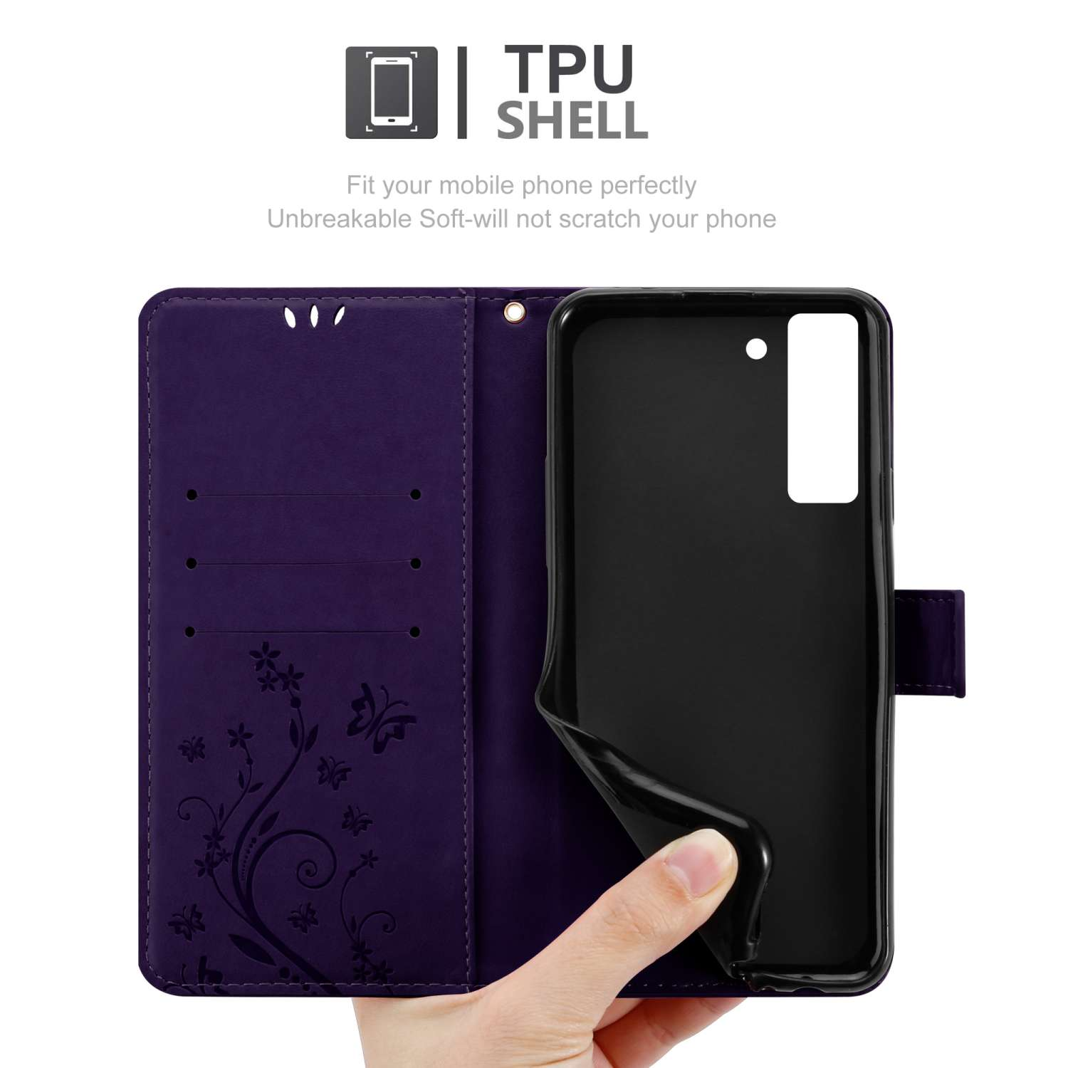 Custodia viola aperta con telefono nero. Design floreale interno e chiusura magnetica.