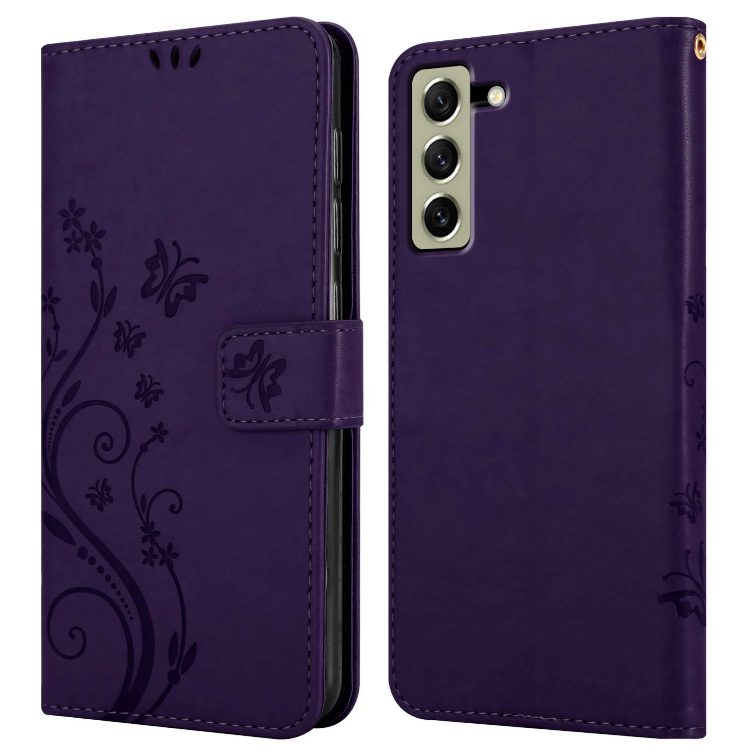 Una custodia per telefono viola, aperta, con disegni floreali e a farfalla. Il retro del telefono è visibile.
