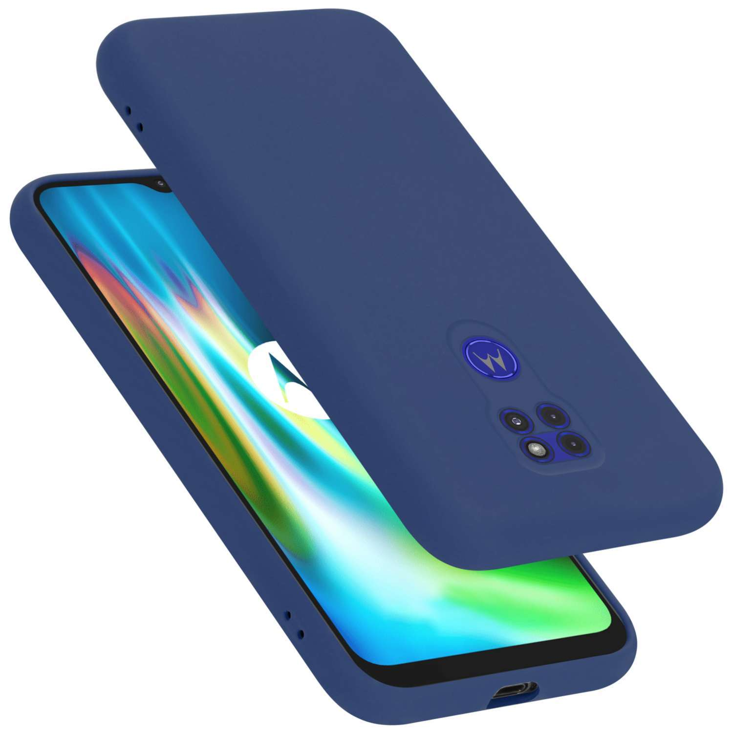 Blaue Handyhülle mit Telefon. Hülle und Telefon sind geöffnet.